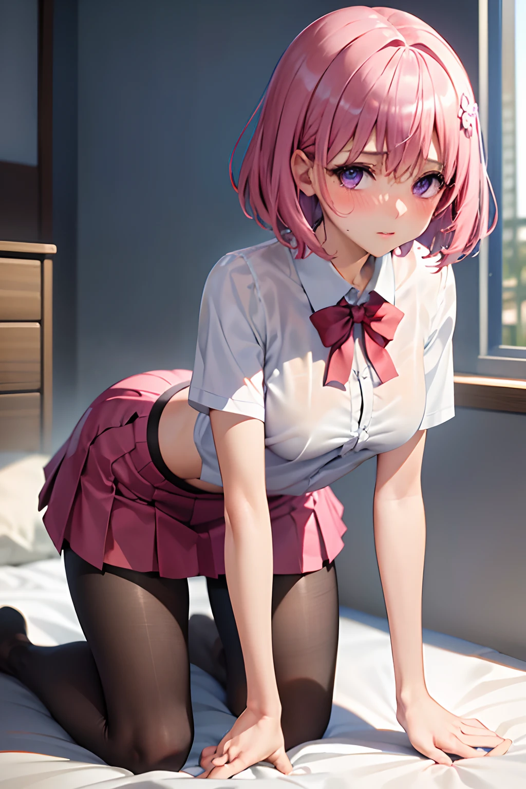 (top-quality:1.1), (masterpiece:1.4), (absurderes:1.0), portlate, a closeup,
1girl in、Momovelia Deviluk、hair adornments、bob cuts、Shorthair pink hair、a purple eye、Medium chest、((Fluffy blouse))、looking at the viewers、Bedroom、(red blush:1.2)、embarassed expression、((pantyhose))、on the beds、((all-fours))、((tight skirts))、((Office Worker))