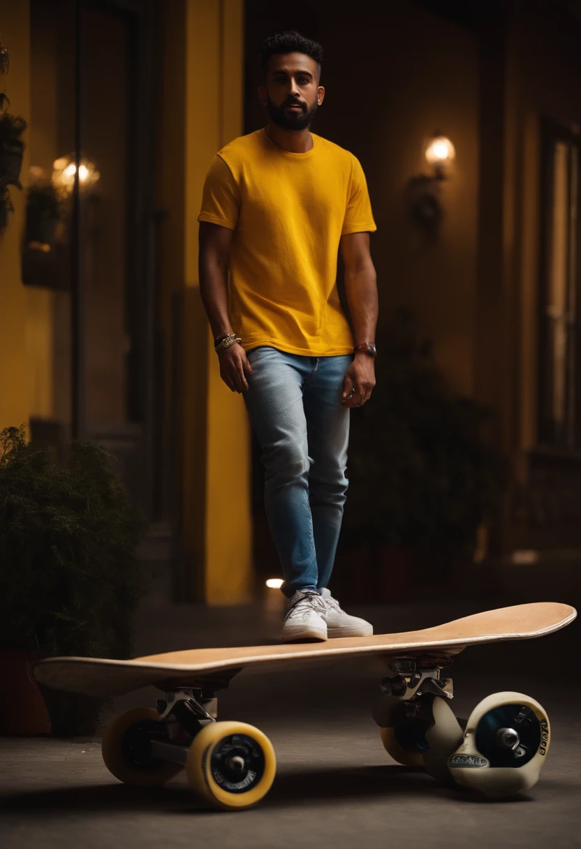 arafed man in yellow shirt and blue jeans standing on skateboard, a picture inspired by Amir Zand, instagram, realism, wearing a modern yellow tshirt, mohamed chahin style, casual pose, casual photography, casual clothing style, mohamed chahin, style of ade santora, with a cool pose, casual streetwear, wearing wheat yellow gauze, ismail