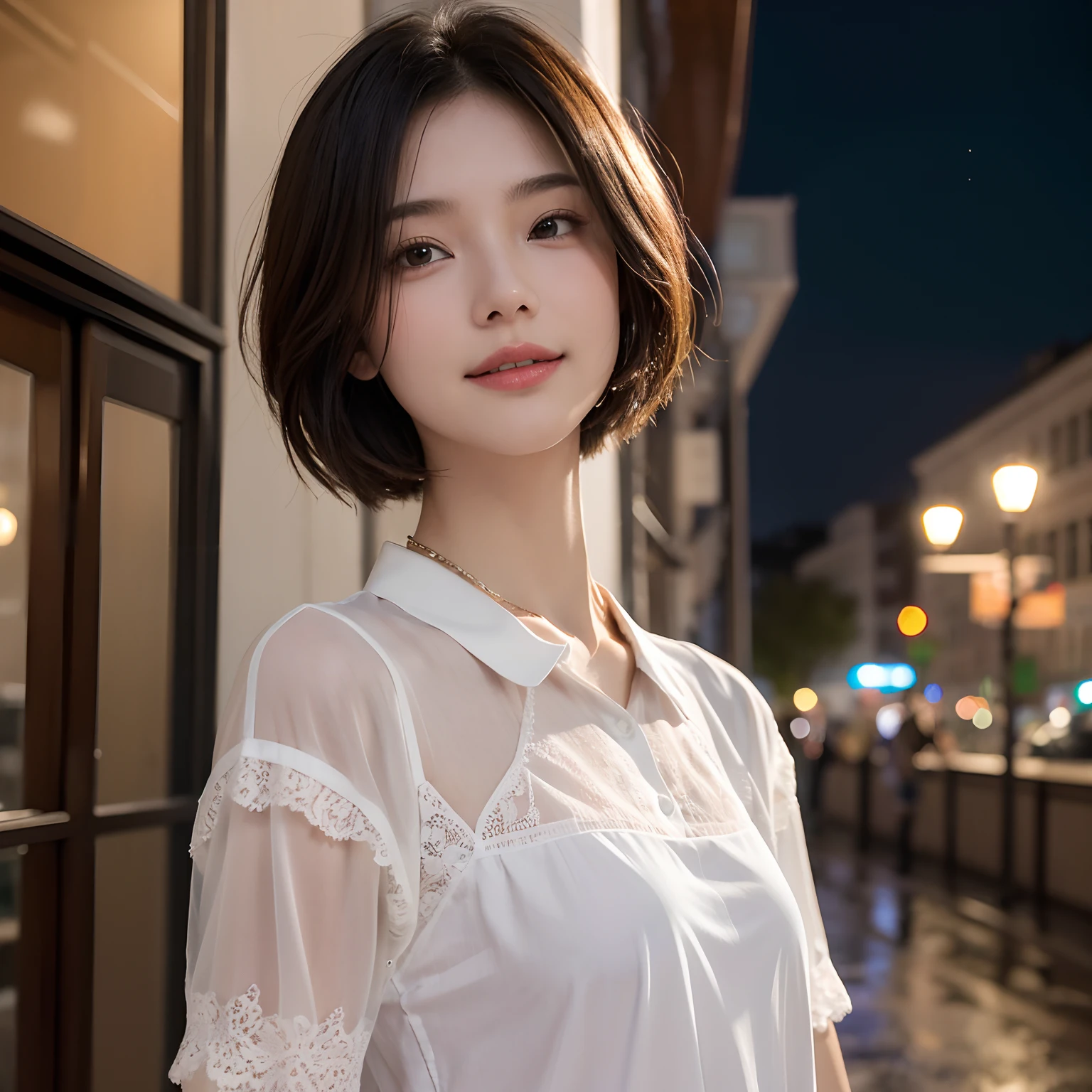 (8K, Top quality, Masterpiece: 1.2), (Realistic, Photorealistic: 1.37), Super detailed, Girl 1 person, 17 years old, Solo, Small breasts, Beautiful detailed sky, Detailed café, Night, (Blush), (Smile: 1.15), (Closed mouth), small, (Shirt with collar: 1.1), Night, Wet, office clothes, rain, White lace, (Short hair: 1.2), Floating hair NovaFrogStyle, Random sexy pose,