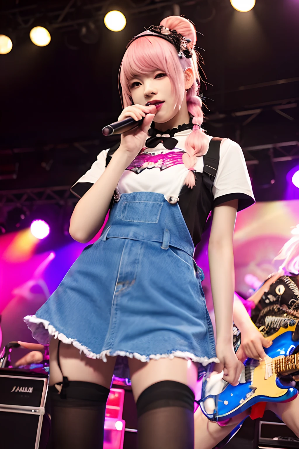 (8K, Best Quality, masutepiece:1.2)、超A high resolution、famous Japanese idol、Detailed fingers、((Pink hair))、Braids、short bangs、二重まぶた、long eyeslashes、Beautiful detailed eyes of brown color、Clear eyes、beautiful detailed nose、Transparent skin、slim body、lolita fashion、knee high socks、On stage、Playing electric guitar、serious facial expression、from below、独奏、On stage in a live house