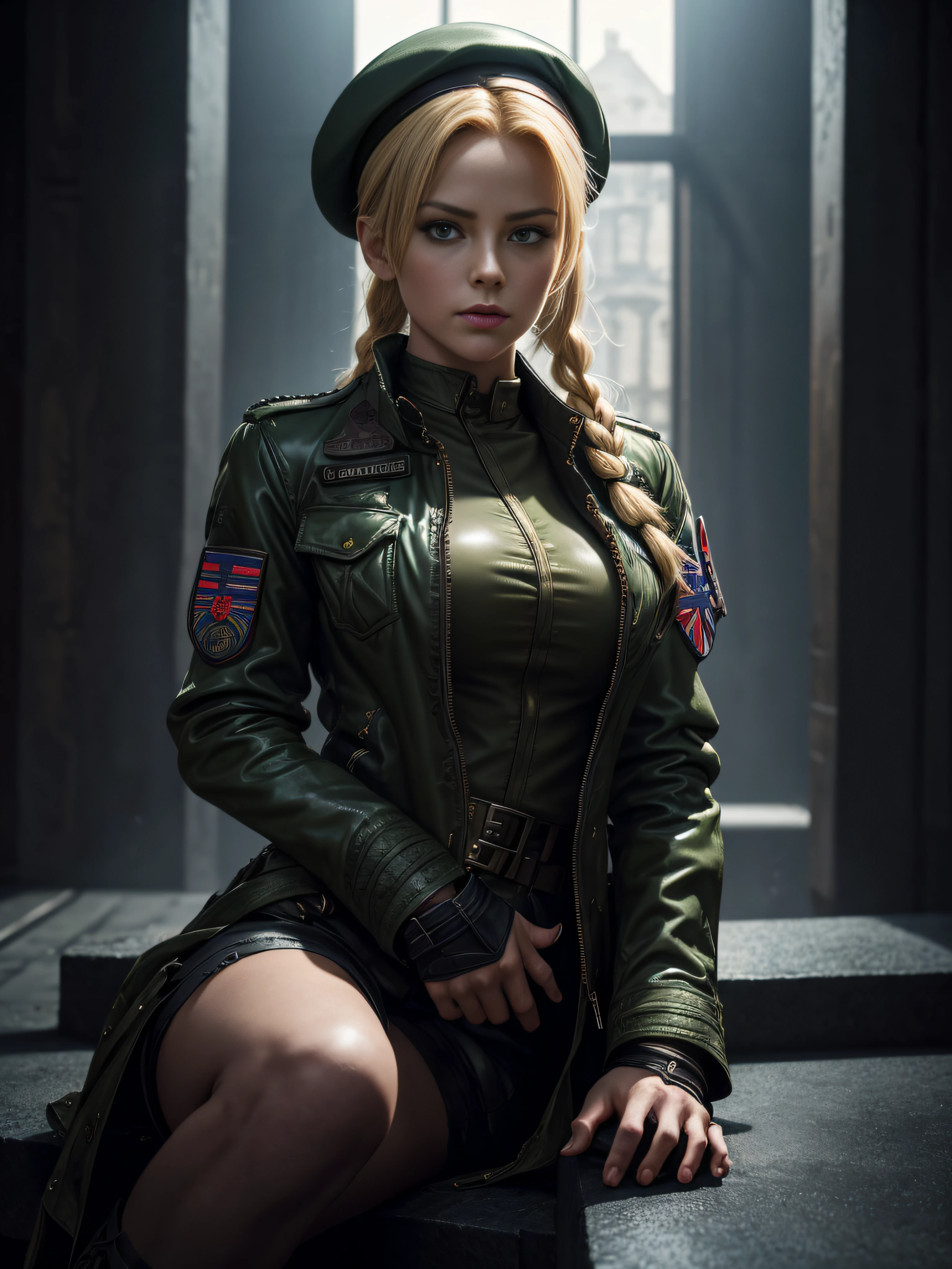 "(exquisitely detailed CG unity 8k wallpaper, masterpiece-quality with stunning realism), (best illumination, best shadow), (best quality), (elegant and demonic style:1.2), Arti modern anime. angled view, heroic pose, closeup full body portrait of stunningly beautiful cammy from street fighter, Masterpiece, best quality, highres, mature Cammy white, twin braids, long hair, blonde hair, antenna hair, beret, (red headwear:1), blue eyes, scar on cheek, green military croptop, green military shorts, red gloves, fingerless gloves, camouflage, (fully clothed:1), abs, depth of field blur effect, night, full zoom, action portrait, photorealistic. cinematic lighting, highly detailed. best quality, 4k, Better hand, perfect anatomy, leaning forward, foreshortening effects, coy flirty sexy expression, foreshortening effect, (piercing eyes:0.8), surrounded by an ominous and dark atmosphere, accentuated by dramatic and striking lighting, imbued with a sense of surreal fantasy". wearing laced military boots:1.5), (resting in MI6 headquarters:1) (wearing a British Military jacket:1.5) (mature:0.5)