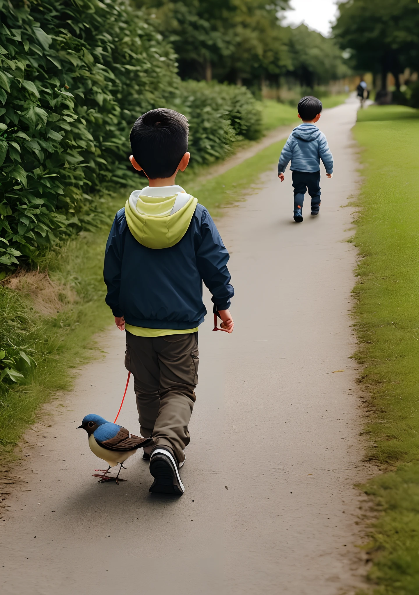 A boy is walking with a small bird on his finger