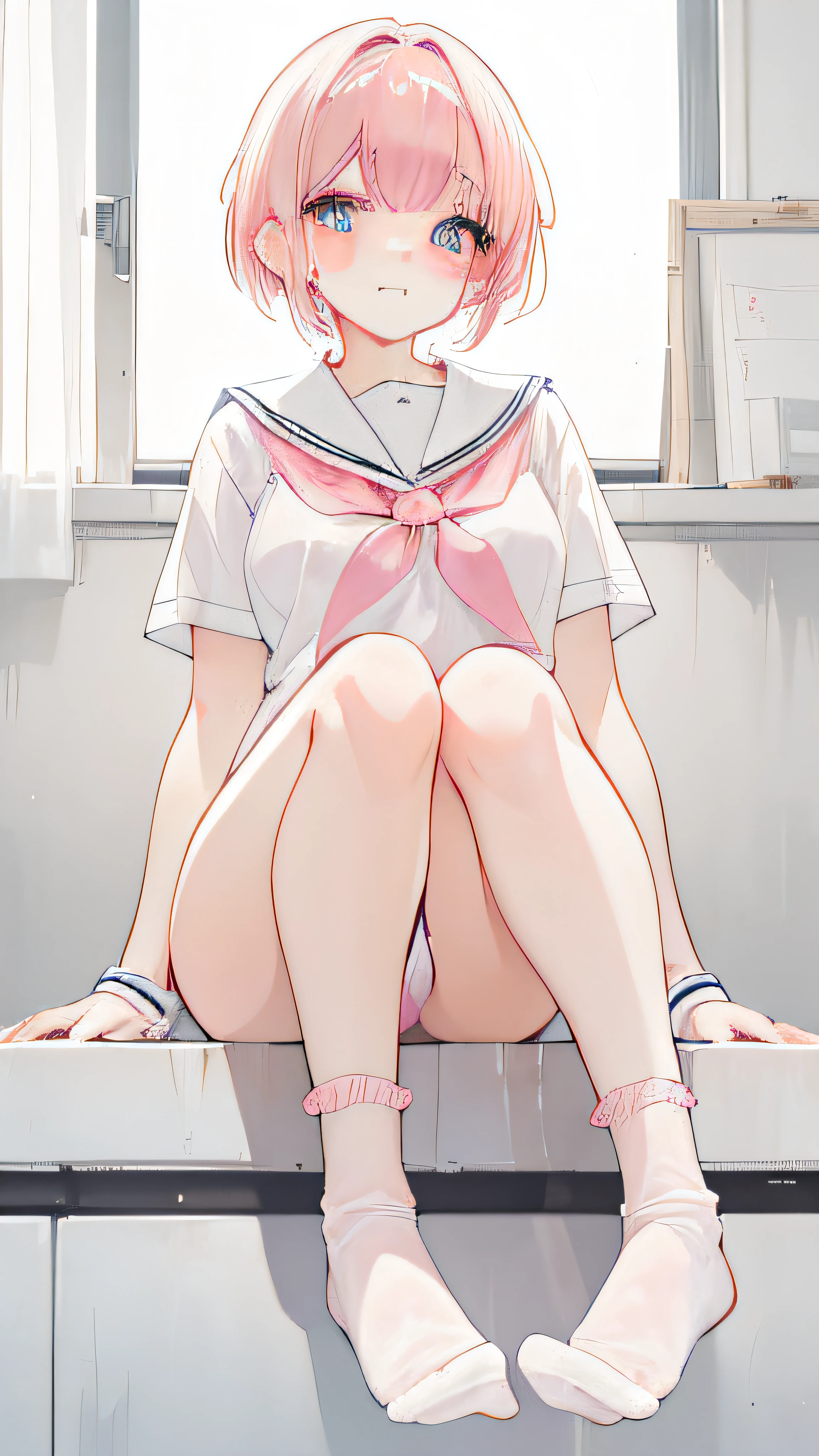 Short pink hair with a sense of transparency，Wearing a milky white ultra-light pink school uniform，Light pink pupils，Super cute sweet girl，Bare legged, Wet, Mature body, Cook,,didn't wear socks，Toes