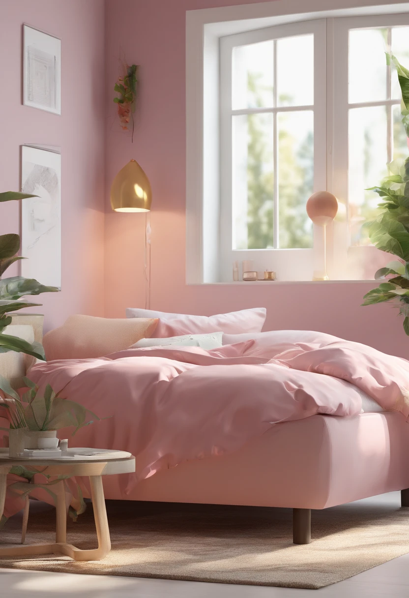 "Descreva um quarto low poly em tons de rosa para Mimi. The room is simple and minimalist, com paredes suaves em tons de rosa pastel. There is a low bed in the center of the room, with pale pink linens and matching pillows. A small table with a pink chair is against one of the walls, e sobre ela, There's an open laptop and a glass of strawberry juice. On the wall opposite the bed, There is a bookcase with some pink books and decorative objects, como um vaso de flores rosa. A luz suave do entardecer entra pela janela, criando um ambiente aconchegante e sereno. The floor is light wood, and the room exudes a sense of calm and tranquility."