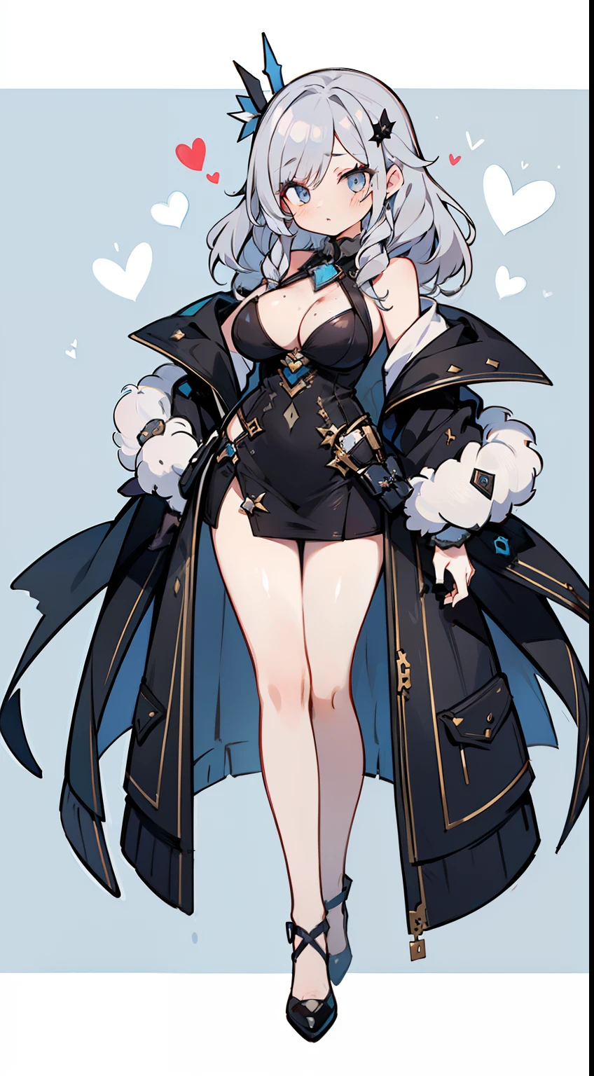 1girl in, fullllbody, Character Design, (((Light gray hair)), Super unique hairstyle, ((Eyes are blue)), (Sauce order), ((White hairpin)), (Mole under the left eye), Long bangs, Eyes are hearts, Brainwashed, large full breasts, High quality, 痴女, Magic Makeover, Sexy Phantom Thief Suit in Black, Black High Heels, Wide Shot, Detailed background of the prison