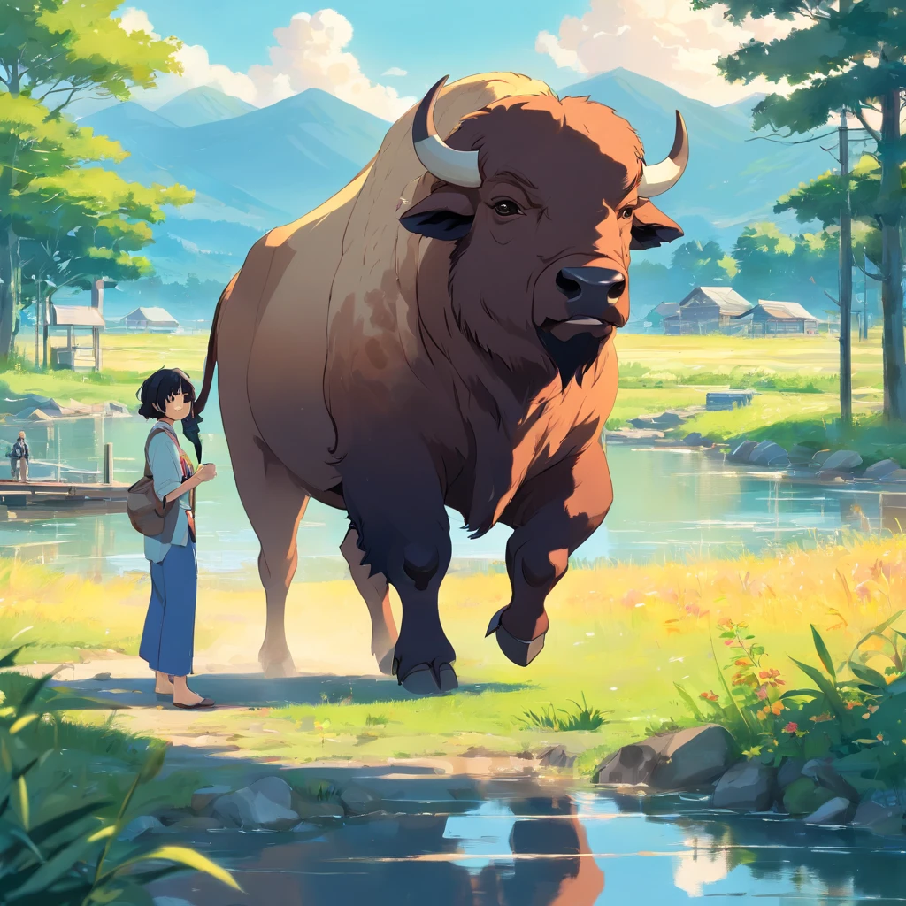 A buffalo, adolable, zona rural, lakeside, There are houses in the distance，jubilation，boisterous，having fun，there is one man