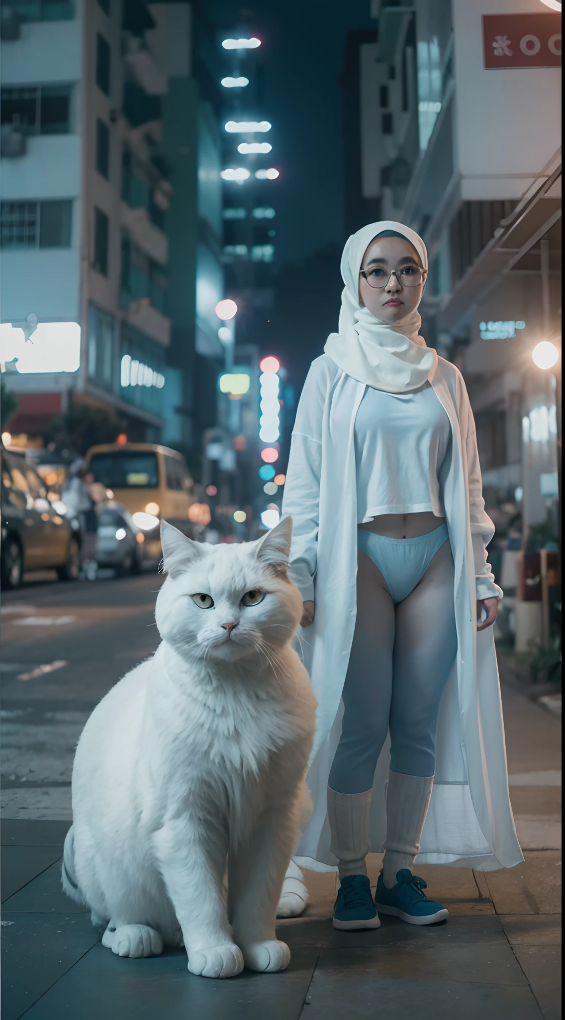 Malay girl wearing pastel blue big loose white T-shirt and cotton panties and long socks, glasses, posing with her very big white fluffy cat in night KL city street, wearing hijab, cute big white cat by her side, pastel color hijab, petite body, high quality, 8mm, Handheld shot, muted color grading, cinemascope, film noir,