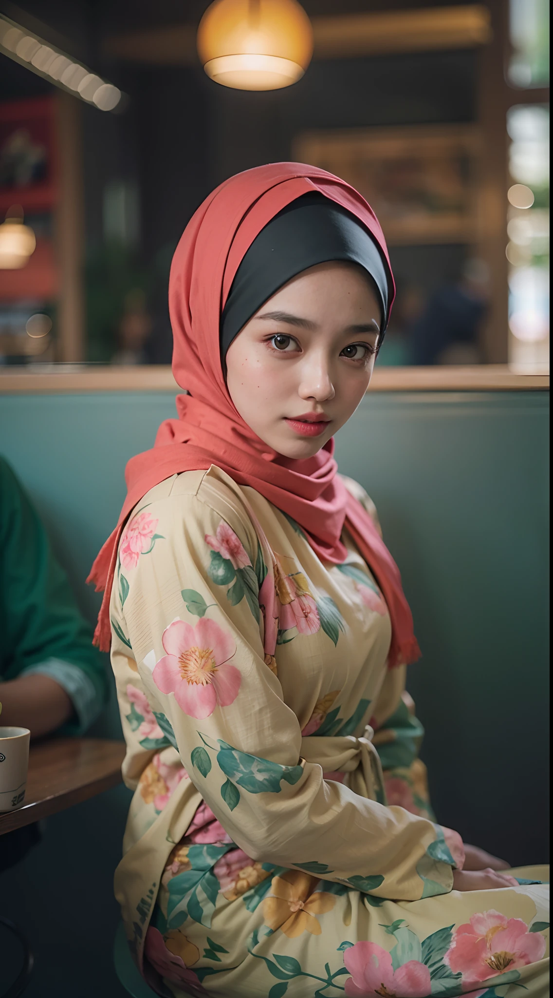 A photo of a young, nerdy malay woman in hijab sitting in a starbuck cafe with 1 malay men in office suit standing behind, woman wearing pastel floral pattern baju kurung, surrounded by a cozy atmosphere, cool ambient, looking at the viewer. (Detail skin:1.3), haired hand,
Hijab, slender, red lips,  flirting with the camera, super 8mm film, Over-the-shoulder shot, vibrant color grading, light leaks, starbursts cinematic effect, epic fantasy,