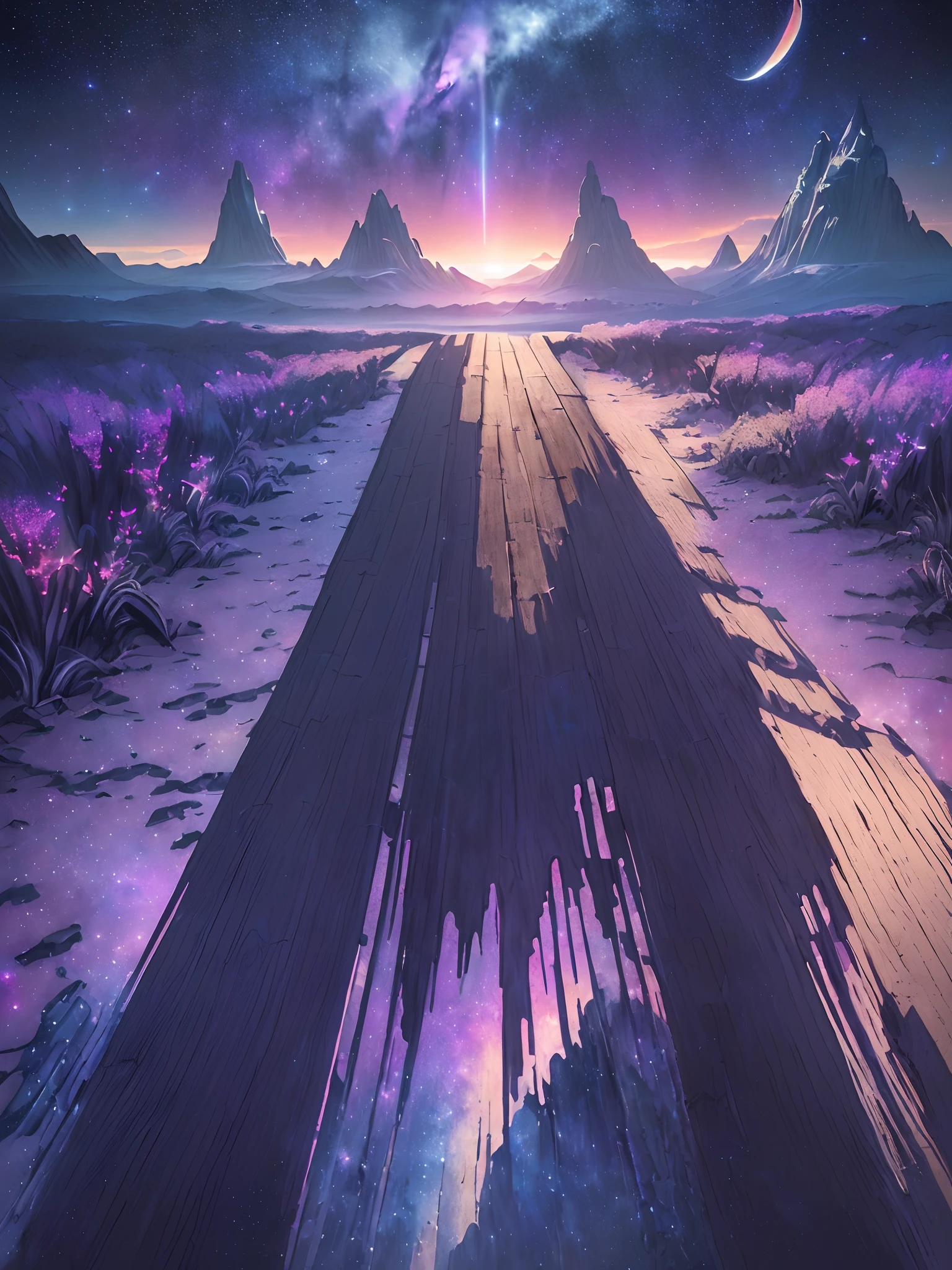 Perfect CG unity 8K wallpapers, CG unity 8K wallpaper, watercolor (medium), (((dark starry aesthetic psychedelic sky, Dark cosmic Night, Deep Night, the most beautiful psychedelic moon))) ((Sky color: dark blue,  multiple colors, perfect color scheme)) (((Natural Background, mountains, wood))), path,  ((plein air)) (((Character Deletion))) (((Excluding people)))