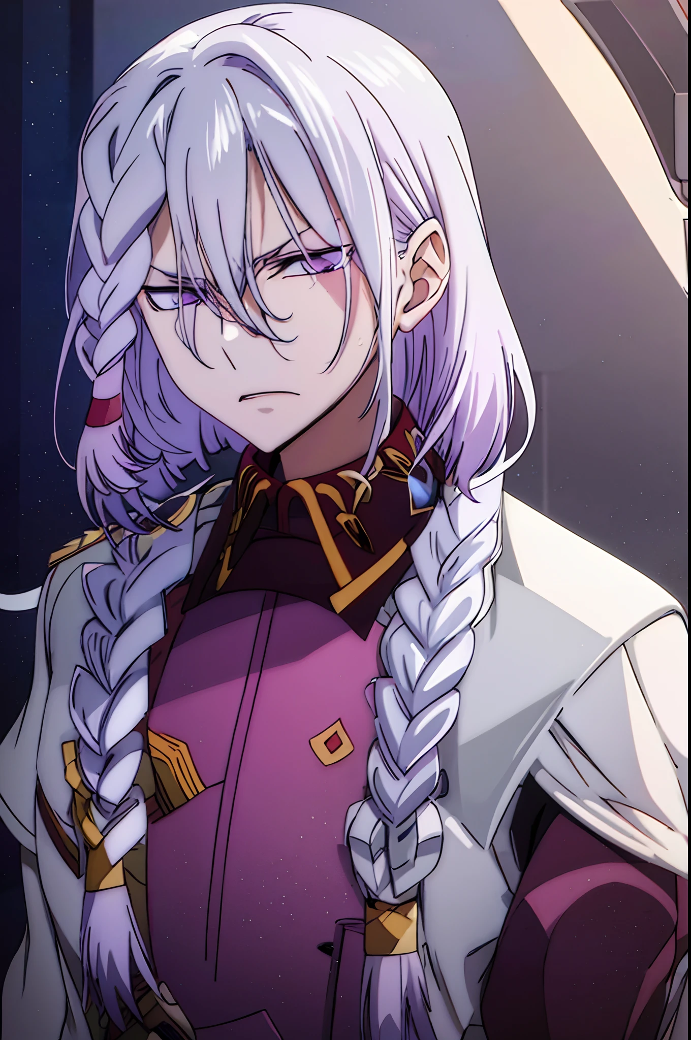 Acely, Valvrave, brave face,  Anime, Young man with lilac-gray hair, The left eye is hidden by his hair bangs, The hair on the other side is braided from a bob. , Purple eyes, White military uniform,