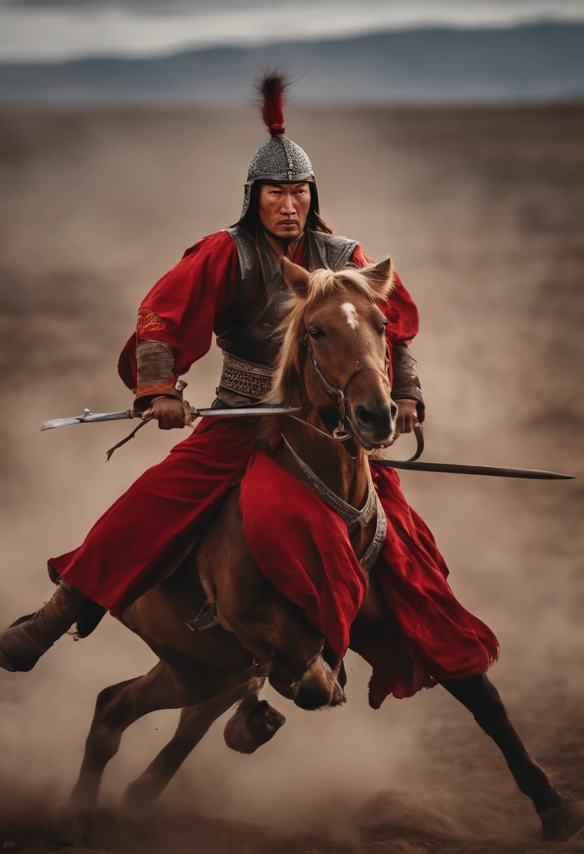 ancient Mongolian Warrior fighting on battle field,  blood every where,  sord in hand