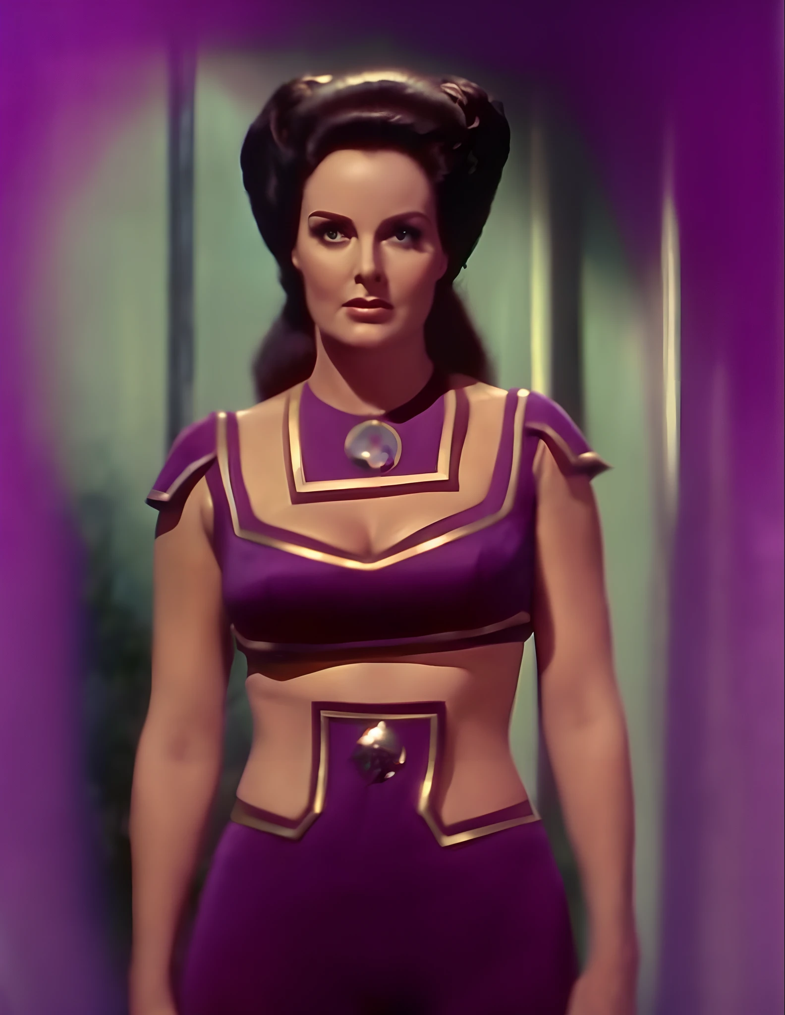 (Nubile Lee Meriwether), (Young seductive erotic Lee Meriwether), as Star Trek character Losira, as Star Trek Original Series character Losira, diabolical & temptuous, pale skin, dark hair, lithe bodacious body, (big elaborately coiffed hair with large side rolls), (wearing purple genie harem clothing, very obvious camel toe, very obvious underboobs, in star trek the original series, (4K, 8K, best resolution), cinematic, hyper-detailed, hyper-sharp, hyper-realistic, symmetrical, "100% anatomically correct", octane render