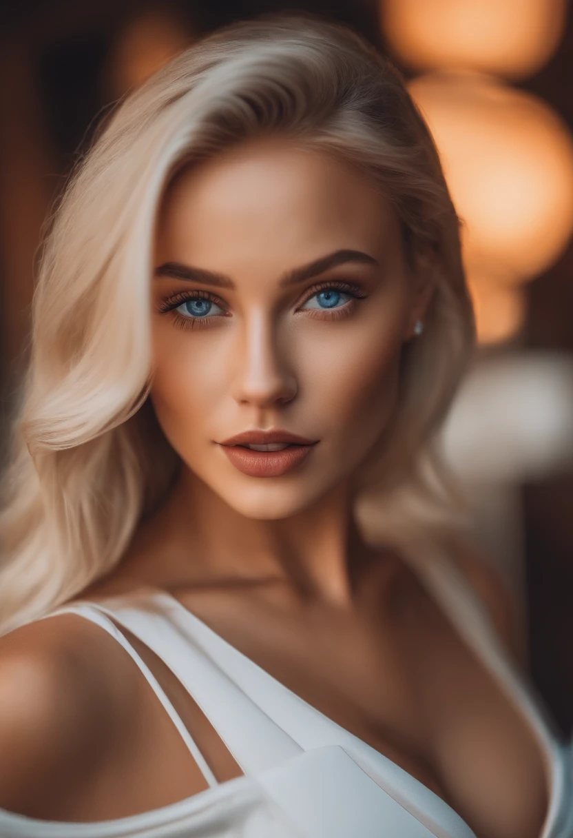 realistic white female instagram influencer, best quality, blonde, 1 girl, blue eyes, in white tight short dress