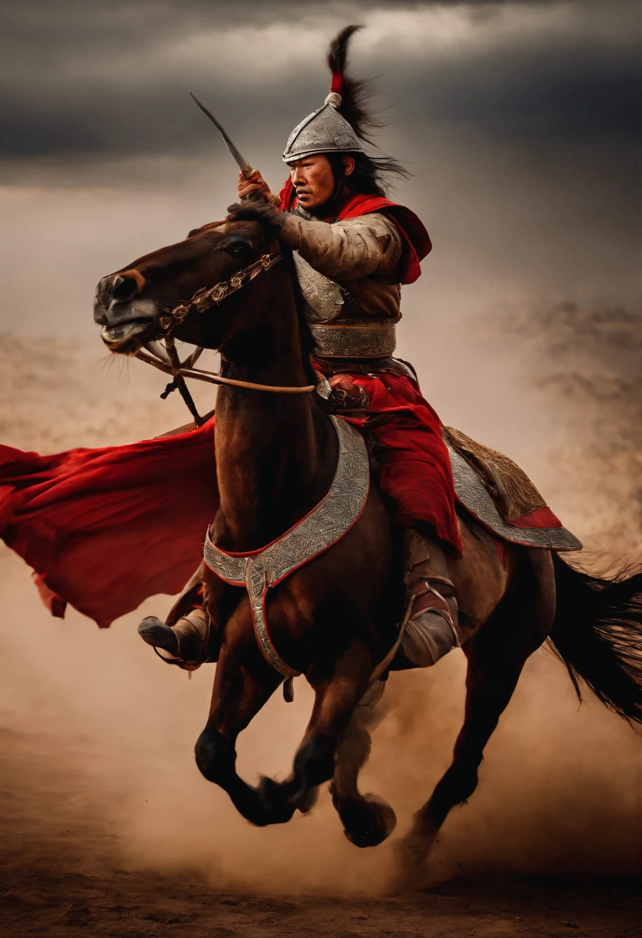 ancient Mongolian Warrior fighting on battle field, blood every where, sord in hand