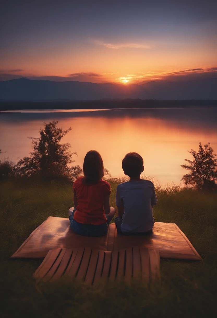 A boy and girl sit together,Facing the sunset,Back view,There is a book floating in the air in the middle。