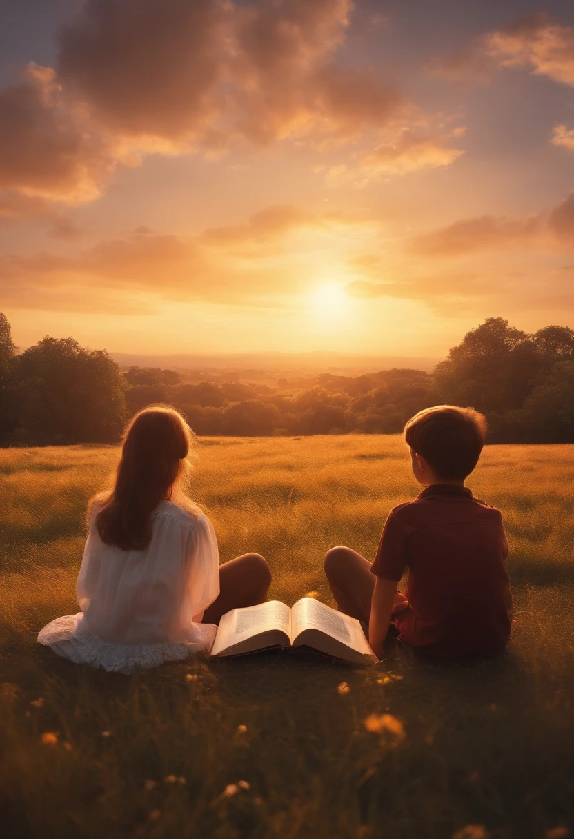 A boy and girl sit together,Facing the sunset,Back view,There is a book floating in the air in the middle。