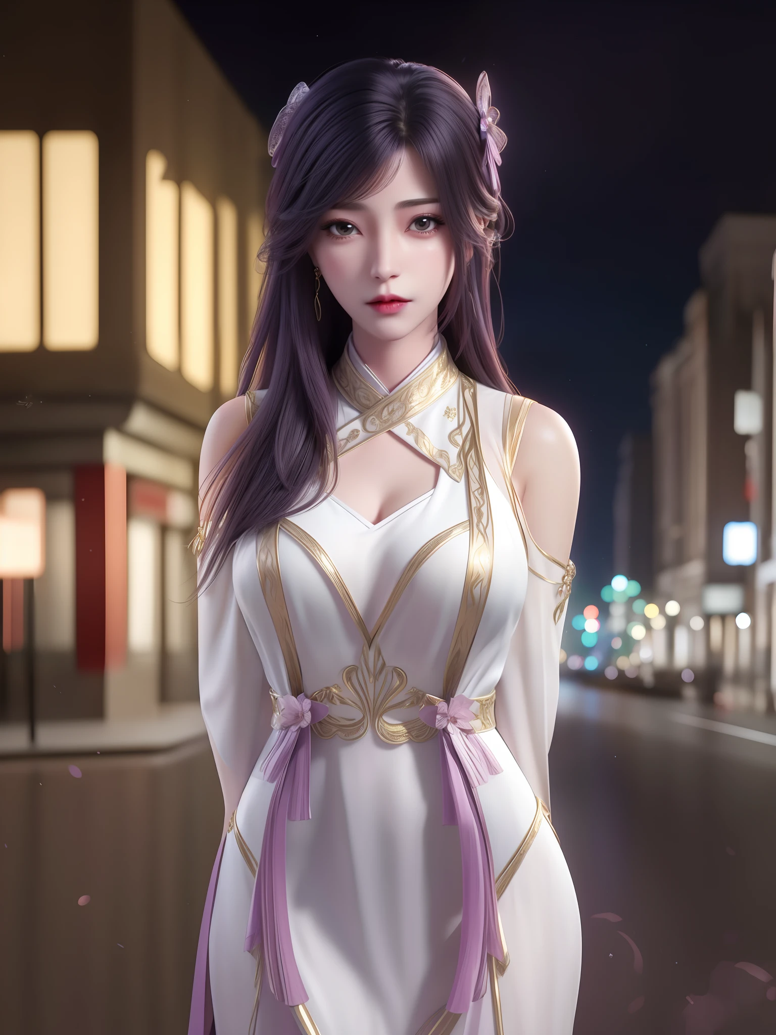 1girl, WMSJyunxiYR,mature female, looking at viewer, cityscape, night,hair ornament, ribbon, arms behind back, dress, cowboy shot, Full