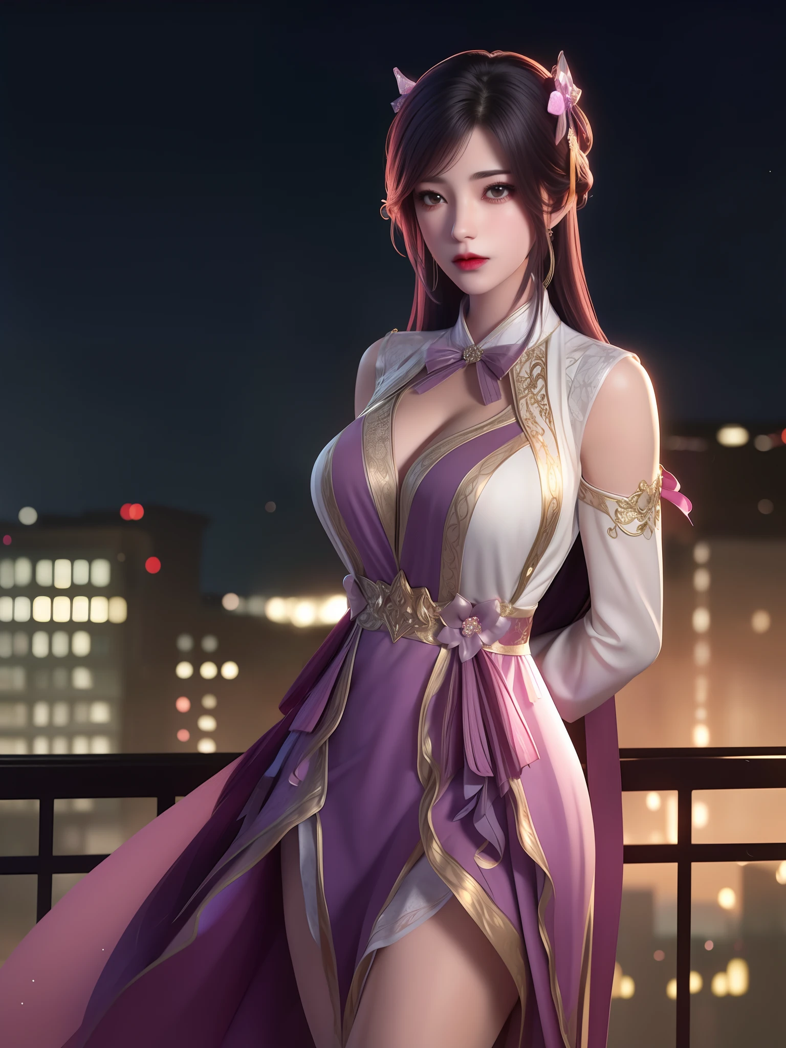 1girl, WMSJyunxiYR,mature female, looking at viewer, cityscape, night,hair ornament, ribbon, arms behind back, dress, cowboy shot, Full