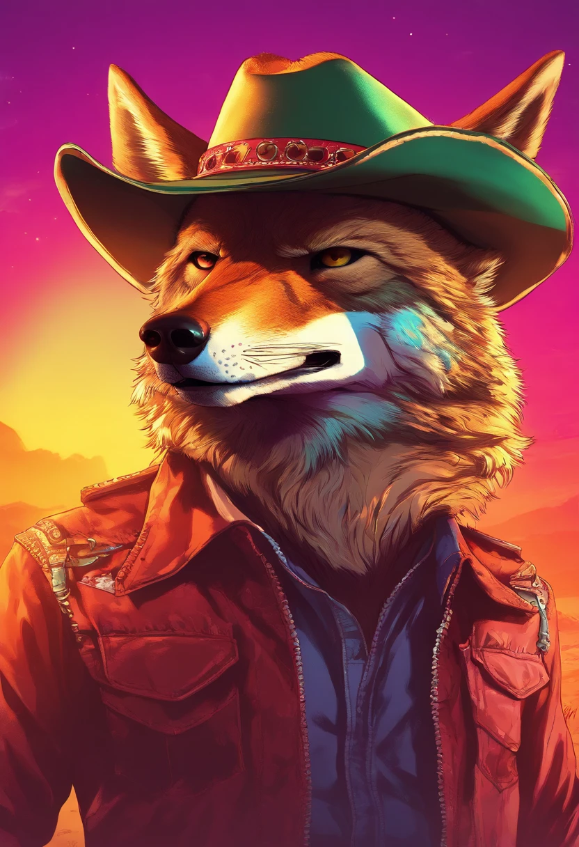 (coyote wearing a cowboy hat), [facing away], coyote head,anthro, Masterpiece, cinematic light, atmospheric lighting, subsurface scattering,