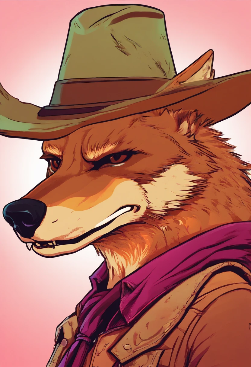 (coyote wearing a cowboy hat), [facing away], coyote head,anthro, Masterpiece, cinematic light, atmospheric lighting, subsurface scattering,