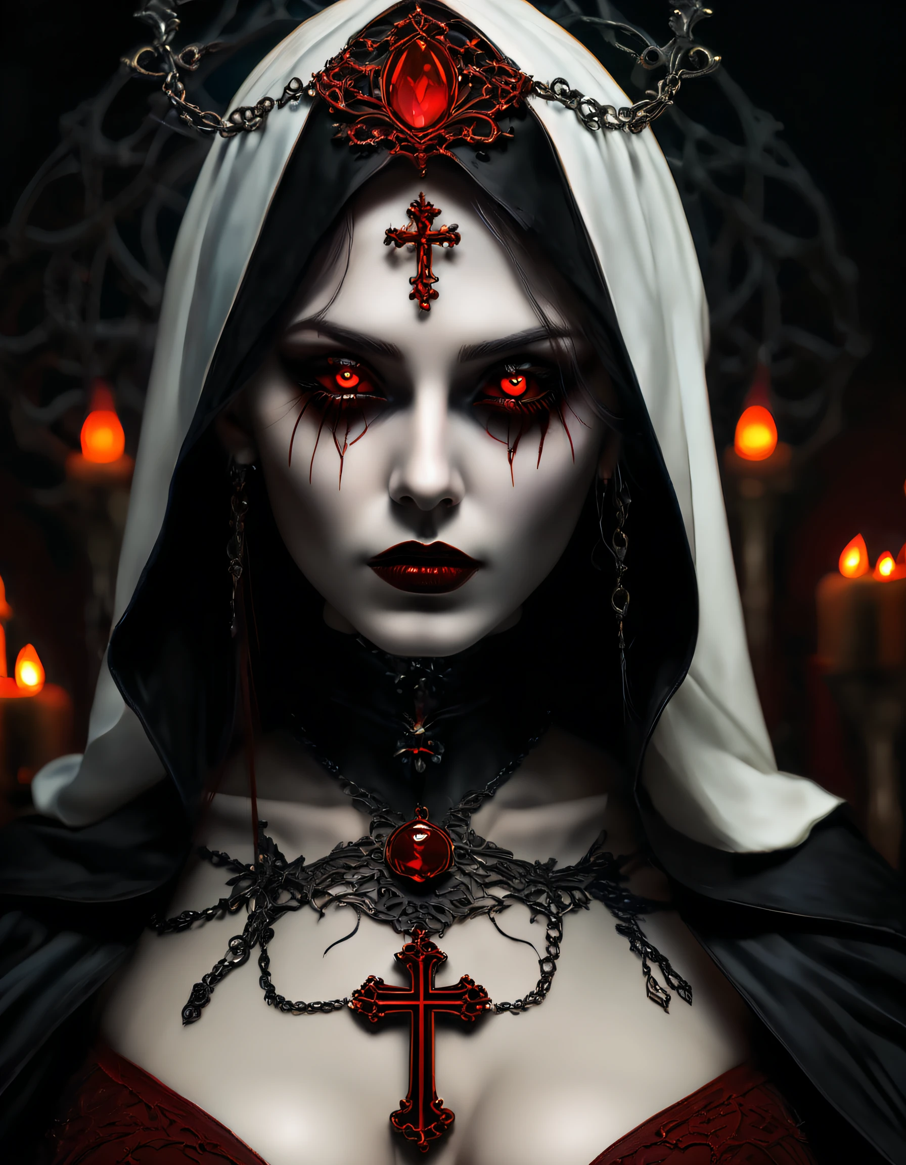 (Sexy gothic demon nun), Long-range shots,full bodyesbian,Dynamic pose,Dark, mysterious, Enchanting, hauntingly beautiful, (Detailed facial features, piercing eyes, dark red lips), Black flowing robe, Cross forehead ornament,Cross necklace, Sensual, tempting pose, (luz de velas,Jack-o'-lantern,Absolutely dark background, Ominous atmosphere), (Best quality, A high resolution, Ultra-detailed), (Gothic art,Dark fantasy), (Dramatic lighting, Shadows, ethereal glowing), (Black and red color scheme, intense contrast), (Beautifully composed, Intricate details), (Evoke a sense of temptation of desire and taboos).