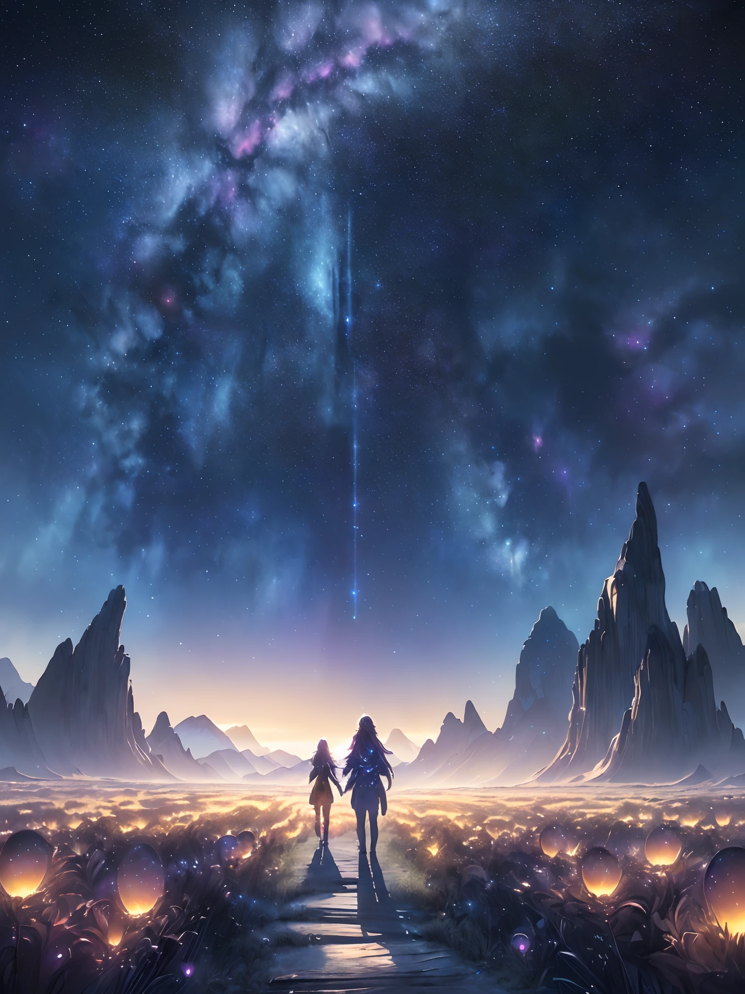 Perfect CG unity 8K wallpapers, CG unity 8K wallpaper, watercolor (medium), (((dark starry aesthetic psychedelic sky, Dark cosmic Night, Deep Night, the most beautiful psychedelic moon))) ((Sky color: dark blue, multiple colors, perfect color scheme)) (((Natural Background, mountains, wood))), path, ((plein air)) (((Character Deletion))) (((Excluding people)))
