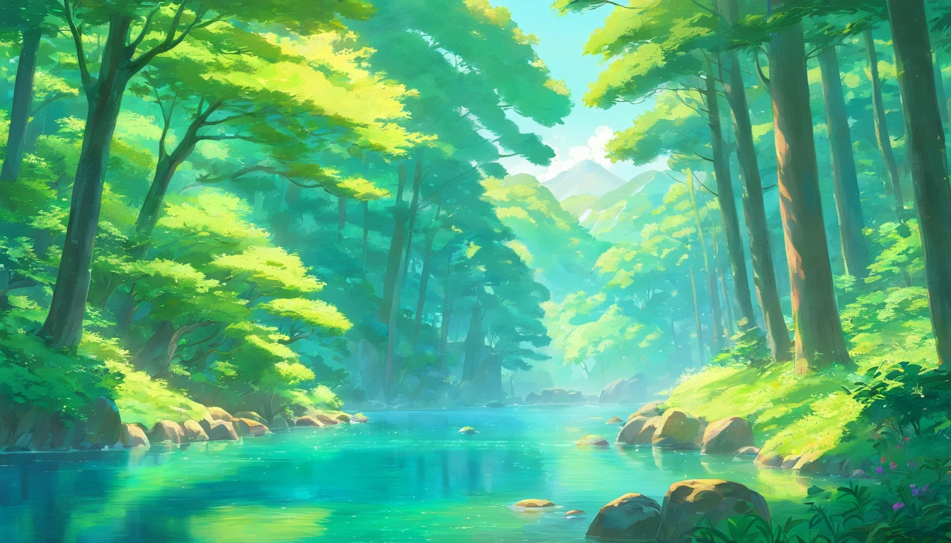 (best quality,highres),forest landscape,nature,serene,peaceful,tranquil,greenery,tall trees,sunlight filtering through the leaves,ray of light,soft shadows,calm river flowing,ripples in the water,reflection of trees on the water's surface,misty atmosphere,majestic mountains in the distance,birds chirping,whispering breeze,leafy canopy,diverse flora and fauna,lush vegetation,hidden wildlife,pristine environment,emerald hues,harmonious colors,blissful serenity,stunning natural beauty,ethereal charm,scenic panorama,immersive experience,photorealistic rendering,stunning details,ultra-fine brushstrokes,impressionistic style,nature's masterpiece.