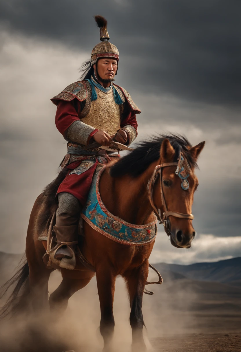 Mongolian Warrior Chengish khan on horse holding sord, fighting, ancient time