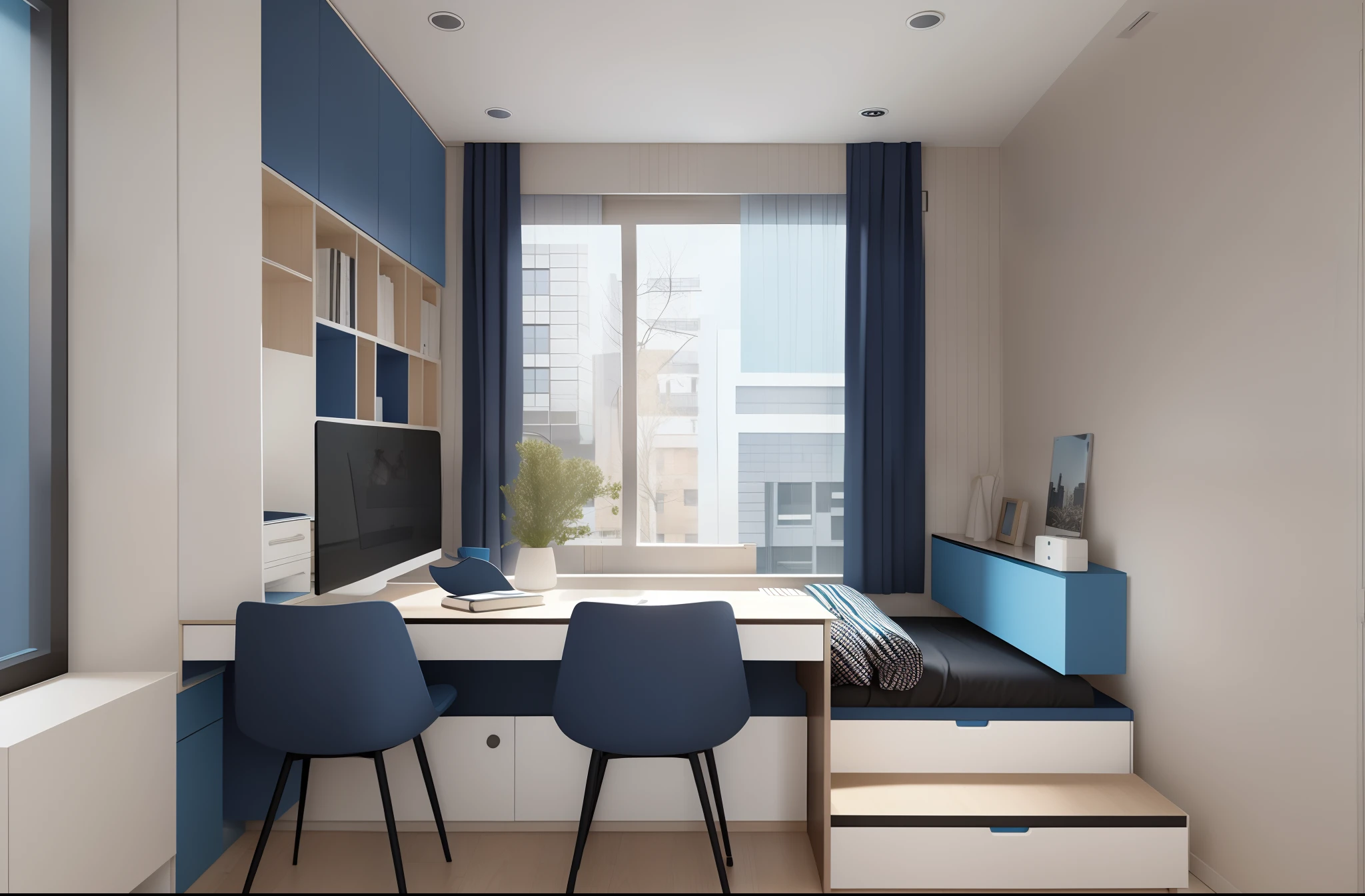there are two chairs in the room with a desk and a window, apartment design, city apartment, bed room, small bedroom, small and cosy student bedroom, blue and black scheme, boy's room, fancy apartment, inside a modern apartment, white and blue color scheme, small room, studyng in bedroom, black and blue scheme, blue and white colour scheme
