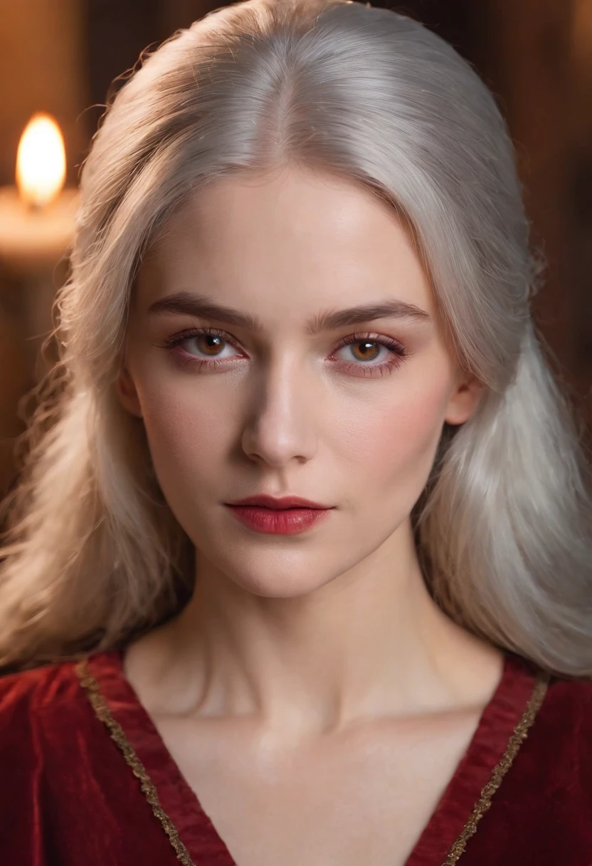 (((A deep red wound streaked across his left cheek))) white complexion, Women around 19 years old, Natural gray hair, Unique green eyes, Use Cole, Slim and elegant, Beautiful, Candlelight in a medieval setting, super sharp focus, realistic lens, Medieval women's clothing, Four colors (scar:1.4)