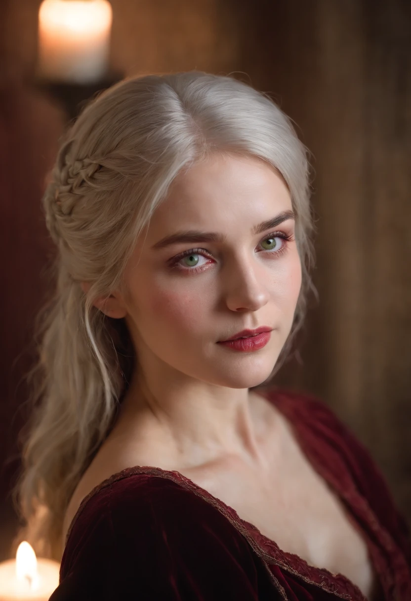 (((A deep red wound streaked across his left cheek))) white complexion, Women around 19 years old, Natural gray hair, Unique green eyes, Use Cole, Slim and elegant, Beautiful, Candlelight in a medieval setting, super sharp focus, realistic lens, Medieval women's clothing, Four colors (scar:1.4)