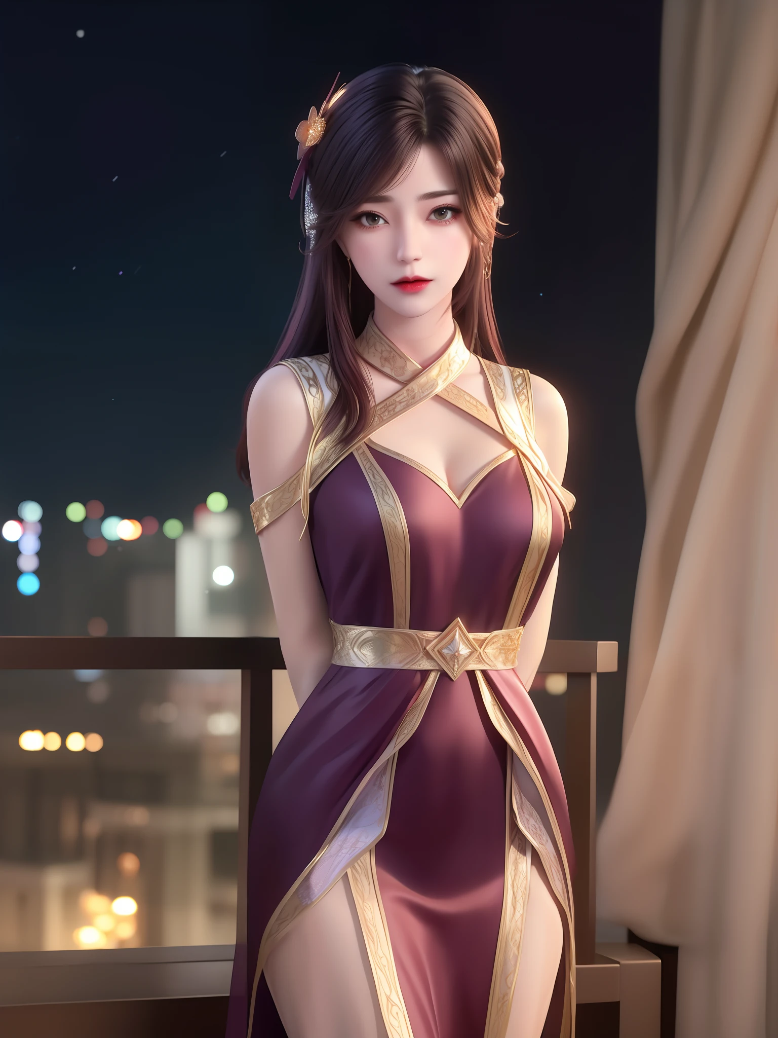 1girl, WMSJyunxiYR,mature female, looking at viewer, cityscape, night,hair ornament, ribbon, arms behind back, dress, cowboy shot, Full