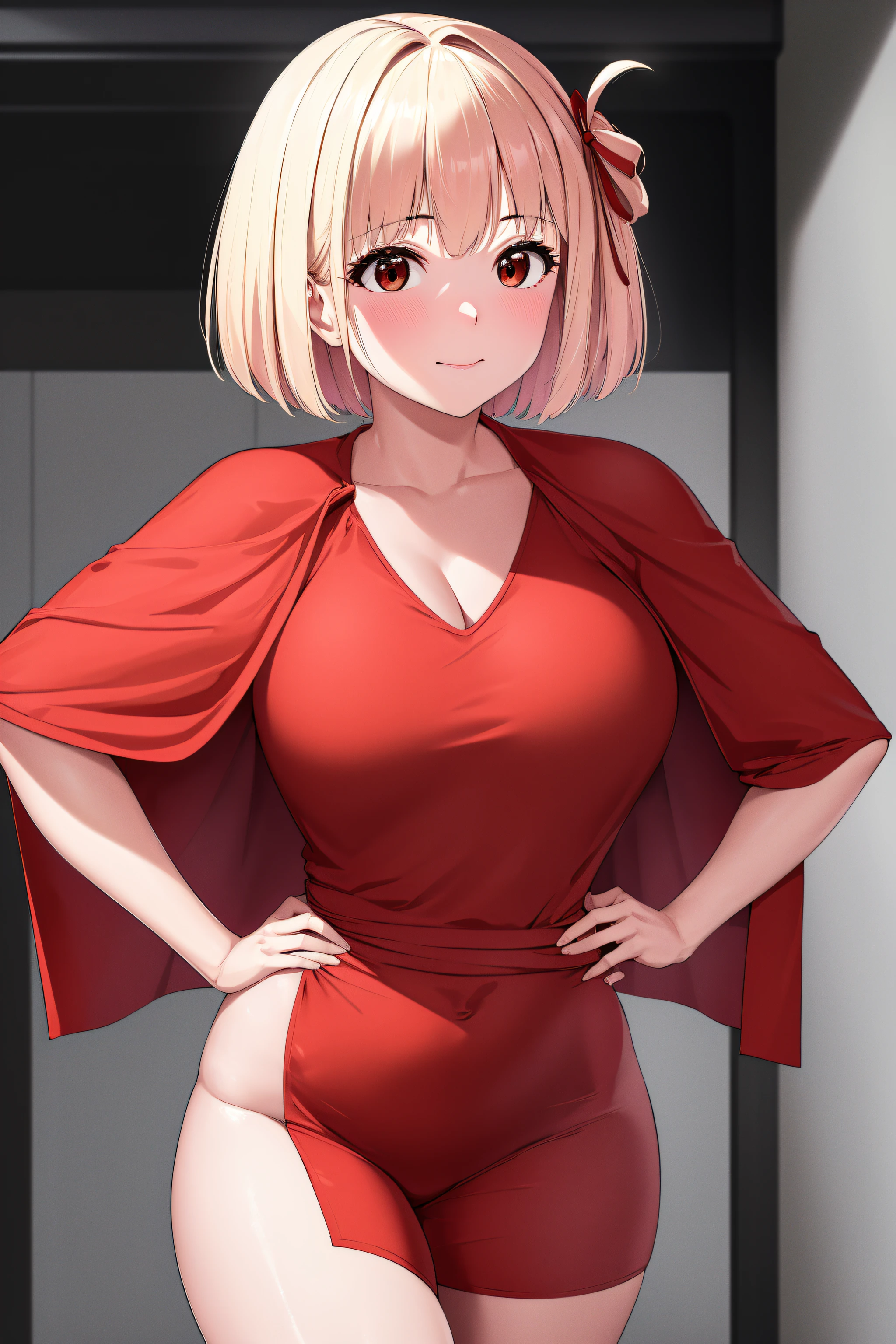 masterpiece, best quality, highres, best quality, highres,1girl, nishikigi chisato, short hair, bangs, blonde hair, (red eyes:1.5), hair ribbon, one side up, bob cut, strong pose,seductive smile,red dress with a red cape, walking in streets,pose, hand on hip ,modern fashion,NSFW,official art,extremely detailed CG unity 8k wallpaper, perfect lighting, (masterpiece:1.0),(best_quality:1.0), ultra high res,4K,ultra-detailed, photography, 8K, HDR, highres, absurdres:1.2, Kodak portra 400, film grain, blurry background, bokeh:1.2, lens flare, (vibrant_color:1.2),(beautiful_face:1.5),(narrow_waist),(perfect hands, perfect anatomy),