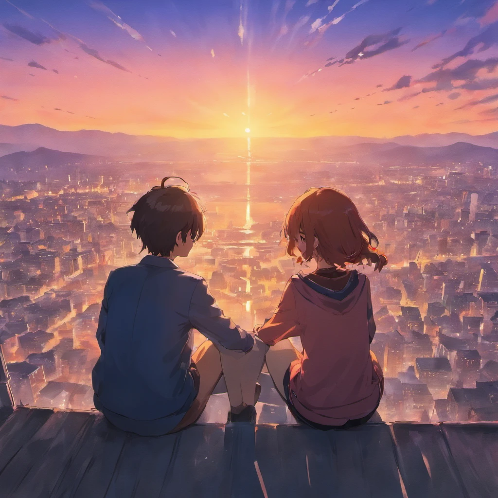 A boy and girl sit together，Facing the sunset，Back view，There is a book floating in the air in the middle。style of anime。