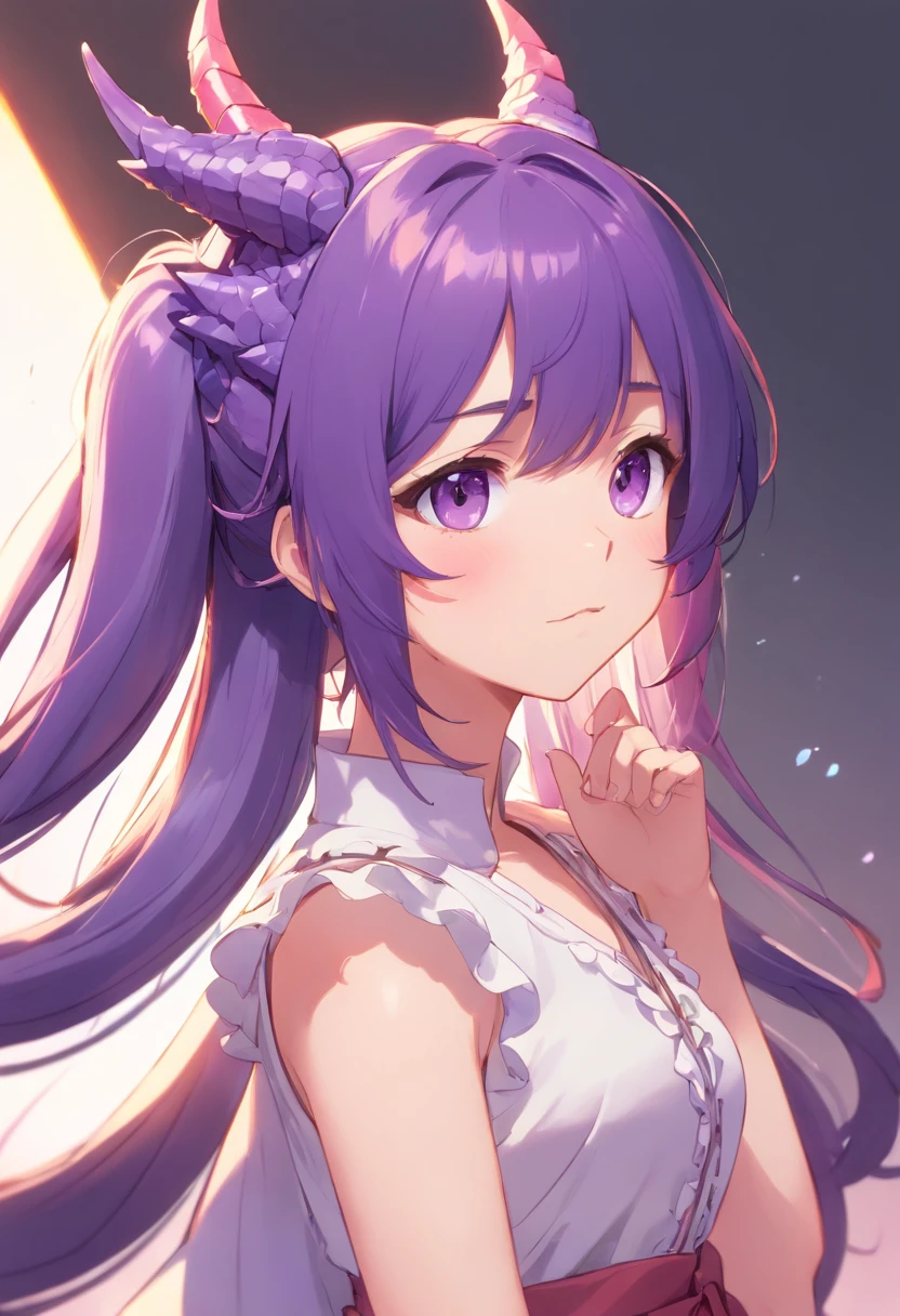 1girl arms_behind_back beads blunt_bangs blush capelet center_frills dragon_girl dragon_horns dress expressionless frills fur_collar gradient_hair hair_beads hair_ornament highres horns kanna_kamui kobayashi-san_chi_no_maidragon long_hair low_twintails multicolored_hair purple_eyes purple_hair samansa_ex slit_pupils solo twintails very_long_hair white_background
