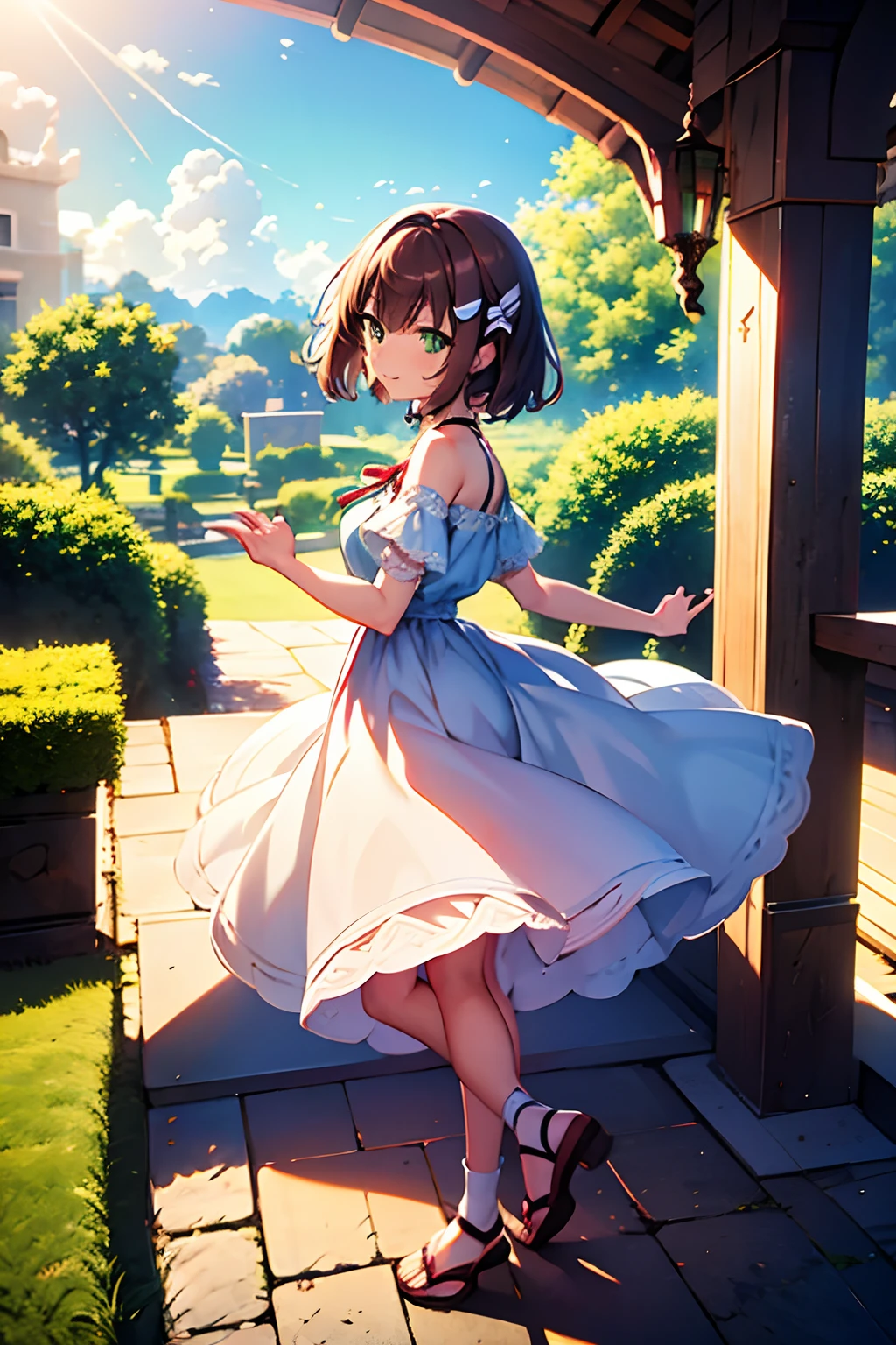 shoko sashinami, valvrave, 1 girl, brown hair, green eyes, fantasy world, ruins, fort, beautiful sky, shining sky, sunshine, smiling, waving, socks, sandals, wristband, ribbon choker, wind blowing dress, lace dress, off-shoulder sleeves