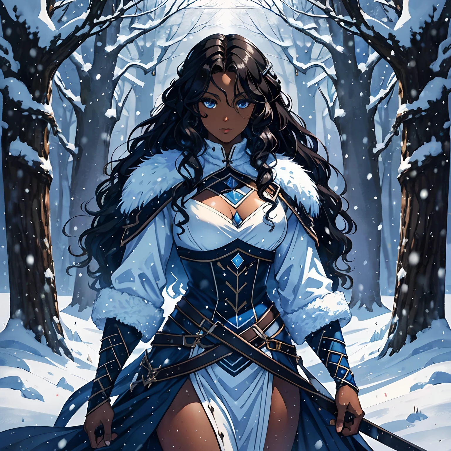 Black Dark Skin Woman. Berserker Woman. Berserker Snow Clothes. Blue Eyes. Volumous Hair. Long Curly Hair. Very dark hair. Snow Forest. Medieval Art