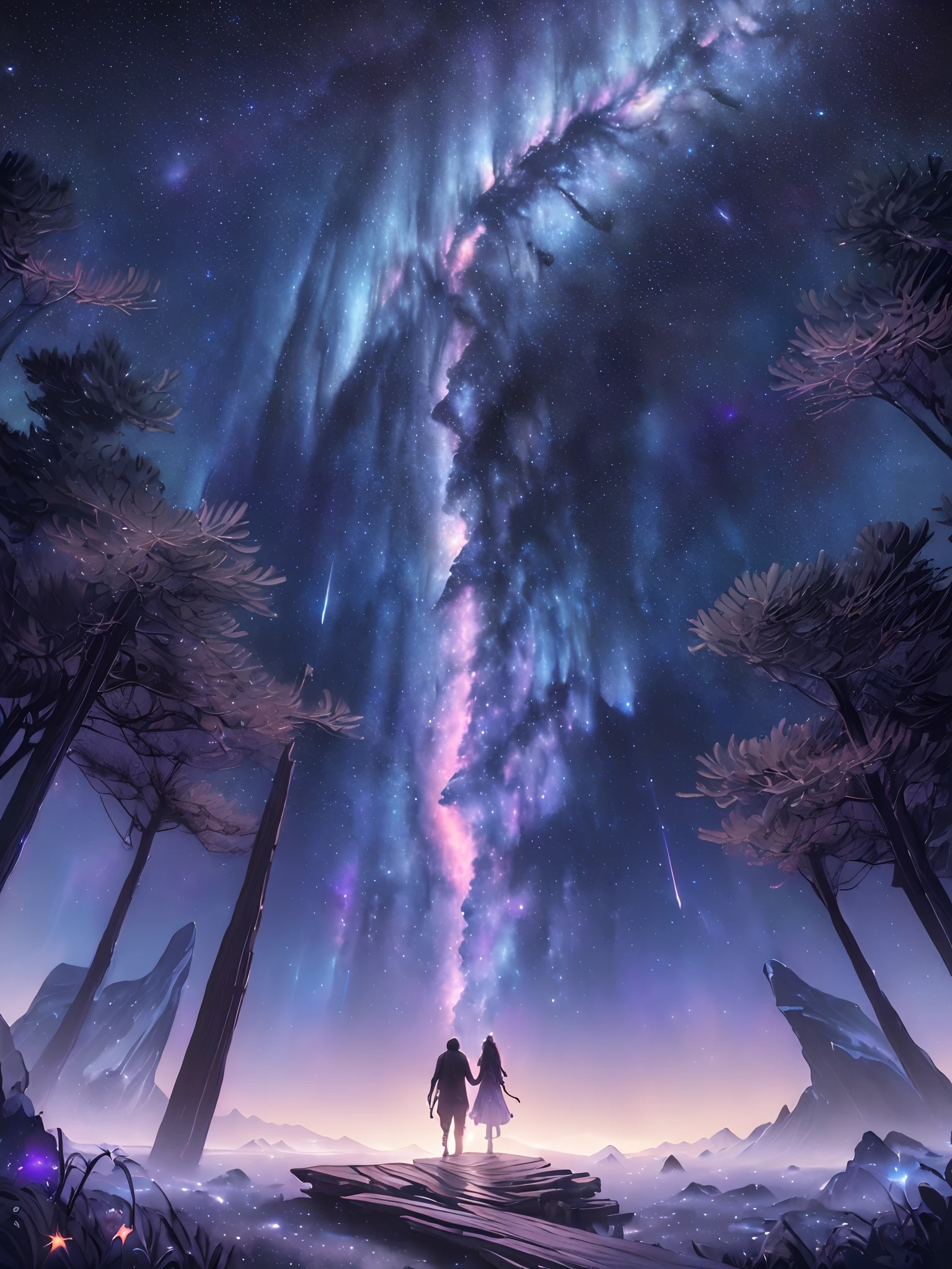 Perfect CG unity 8K wallpapers, CG unity 8K wallpaper, watercolor (medium), (((dark starry aesthetic psychedelic sky, Dark cosmic Night, Deep Night, the most beautiful psychedelic moon))) ((Sky color: dark blue, multiple colors, perfect color scheme)) (((Natural Background, mountains, wood))), path, ((plein air)) (((Character Deletion))) (((Excluding people)))
