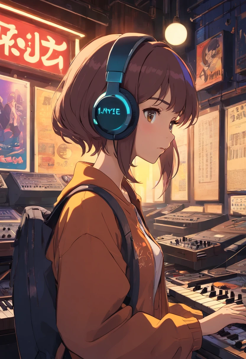 girl with、Photo of a woman wearing headphones and listening to music, Text Why you, Super Detail, Vintage Wave, Cyberpunk, Sad atmosphere, light coming through the window, nighttime scene, 1 bedroom, 2D, (Shot from a distance), Wide Shot, (Movie noise), Old cartoons, (Many records: 1.3), Vinyl Record Store, (masutepiece, Very high quality, Very high quality, offcial art, Beautiful and aesthetic: 1.2), (Very detailed, (Fractal Art: 1.4 ), Guitar, (note: 1.4), (Lo-Fi Hip Hop), Side view, Old anime textures, Alone, speakers, Cyberpunk, vinyl, Night,Exquisite face details,Woman with perfect style