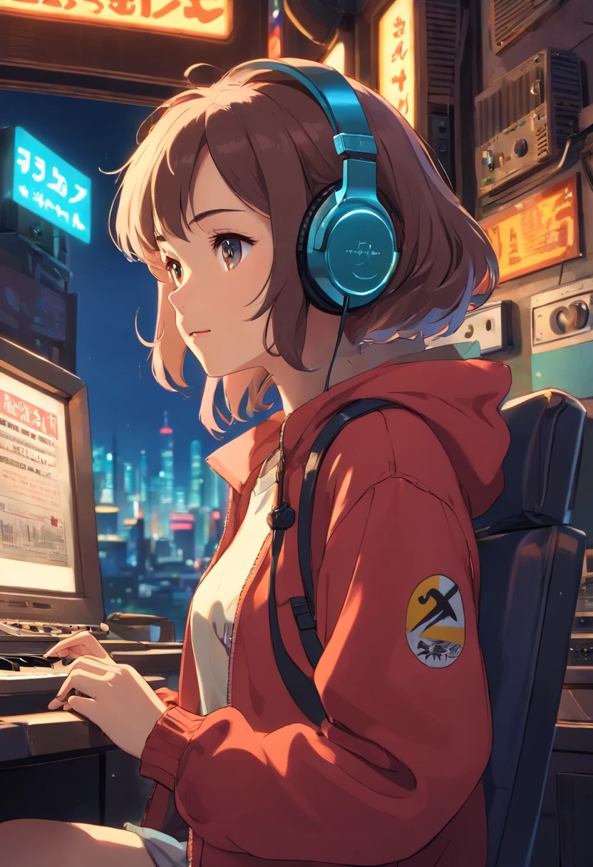 girl with、Photo of a woman wearing headphones and listening to music, Text Why you, Super Detail, Vintage Wave, Cyberpunk, Sad atmosphere, light coming through the window, nighttime scene, 1 bedroom, 2D, (Shot from a distance), Wide Shot, (Movie noise), Old cartoons, (Many records: 1.3), Vinyl Record Store, (masutepiece, Very high quality, Very high quality, offcial art, Beautiful and aesthetic: 1.2), (Very detailed, (Fractal Art: 1.4 ), Guitar, (note: 1.4), (Lo-Fi Hip Hop), Side view, Old anime textures, Alone, speakers, Cyberpunk, vinyl, Night，Exquisite face details，Woman with perfect style