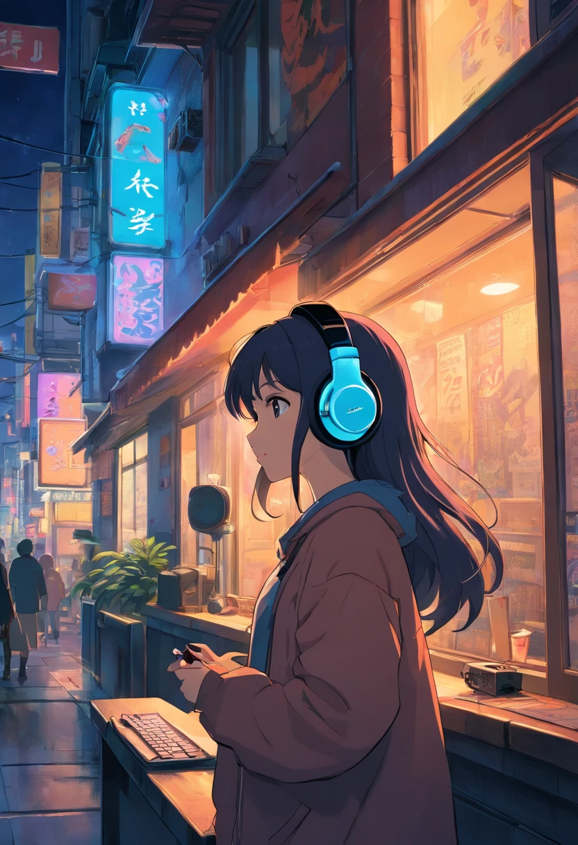 girl with、Photo of a woman wearing headphones and listening to music, Text Why you, Super Detail, Vintage Wave, Cyberpunk, Sad atmosphere, light coming through the window, nighttime scene, 1 bedroom, 2D, (Shot from a distance), Wide Shot, (Movie noise), Old cartoons, (Many records: 1.3), Vinyl Record Store, (masutepiece, Very high quality, Very high quality, offcial art, Beautiful and aesthetic: 1.2), (Very detailed, (Fractal Art: 1.4 ), Guitar, (note: 1.4), (Lo-Fi Hip Hop), Side view, Old anime textures, Alone, speakers, Cyberpunk, vinyl, Night，Exquisite face details，Woman with perfect style