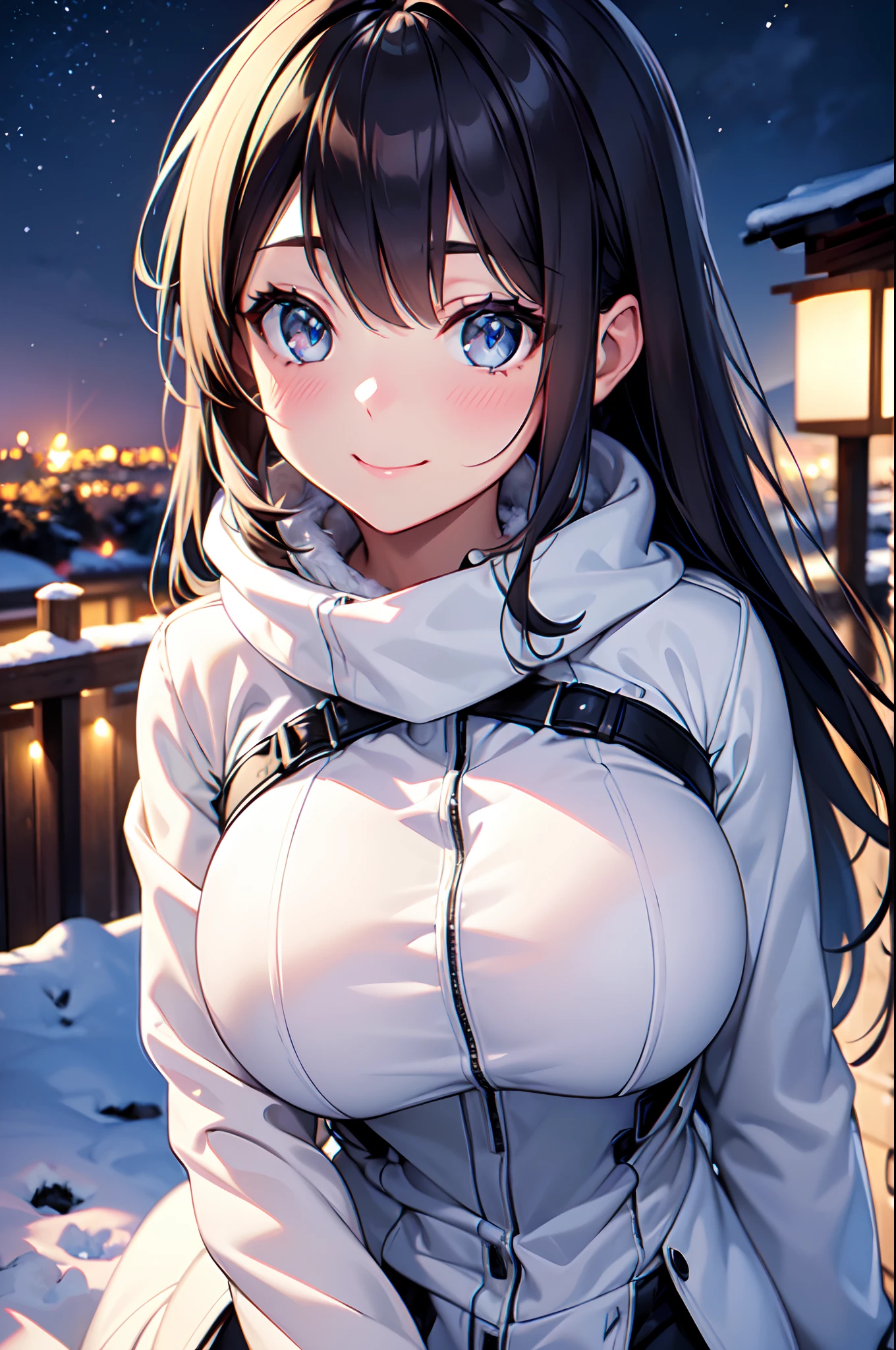 (High quality,High resolution,Fine details,Realistic),(Pink Long Coats),Winter Clothing,solo,Adult Woman,(White Hair),sparkling eyes,smile,blush,White Breath,Oily skin,Snow,Fantastic,Night Sky,Illumination
