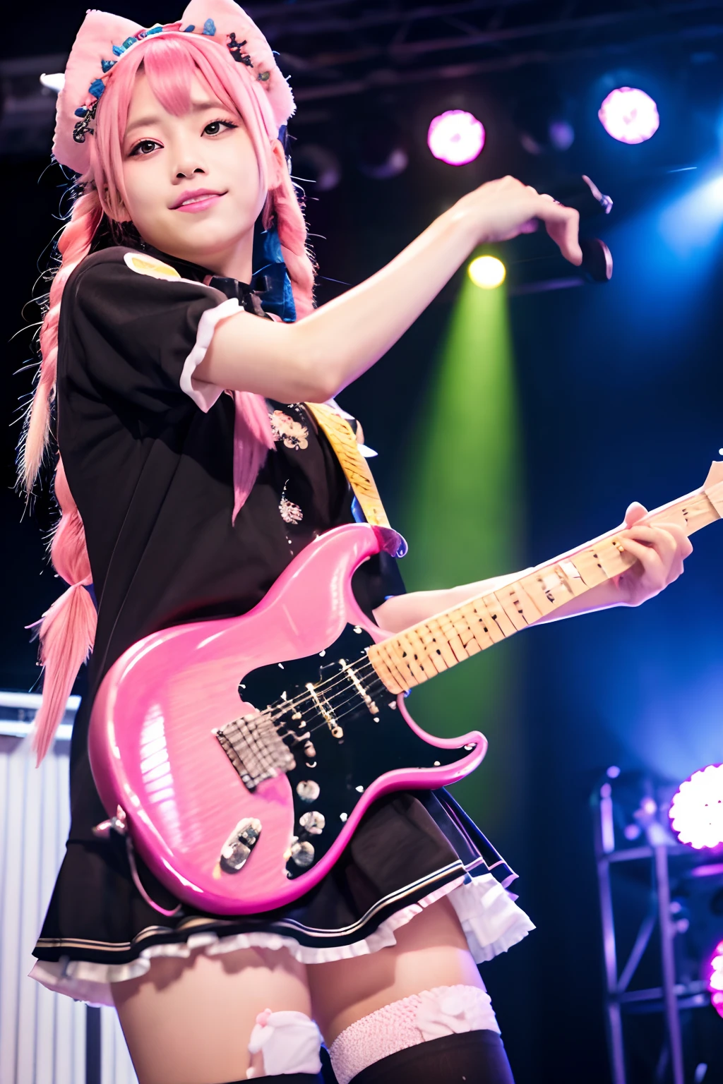 (8K, Best Quality, masutepiece:1.2)、超A high resolution、famous Japanese idol、Detailed fingers、((Pink hair))、Braids、short bangs、二重まぶた、long eyeslashes、Beautiful detailed eyes of brown color、Clear eyes、beautiful detailed nose、Transparent skin、slim body、lolita fashion、knee high socks、On stage、Playing electric guitar、serious facial expression、from below、独奏、On stage in a live house