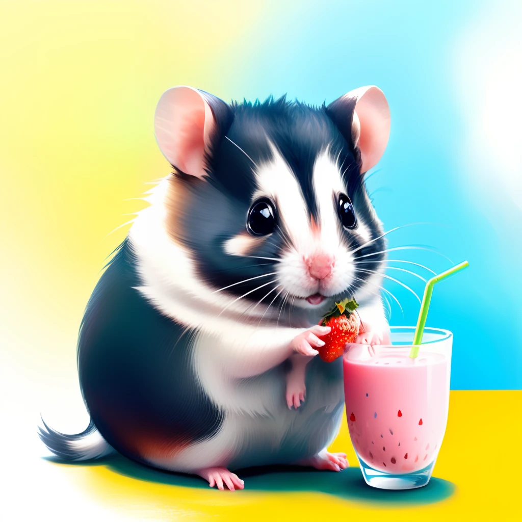 Hamster drinking strawberry milk out of a straw