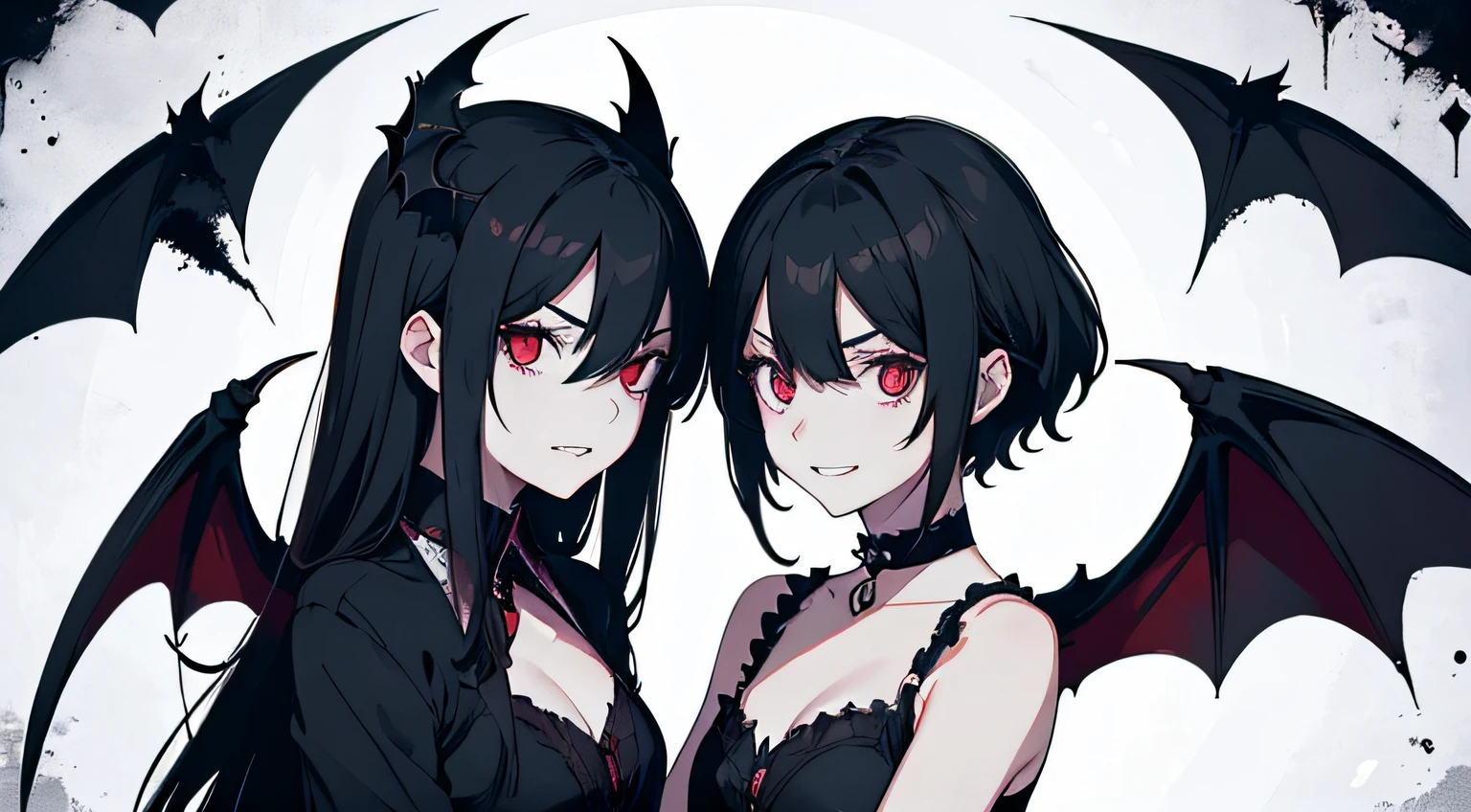 two vampire girls, looking at viewers, black long hair, White short hair, bat wings, Dark colors, ghotic style, Creepy style, Mommy Vibe, Crazy, Strong facial study, full body, anger, grin, bedroom