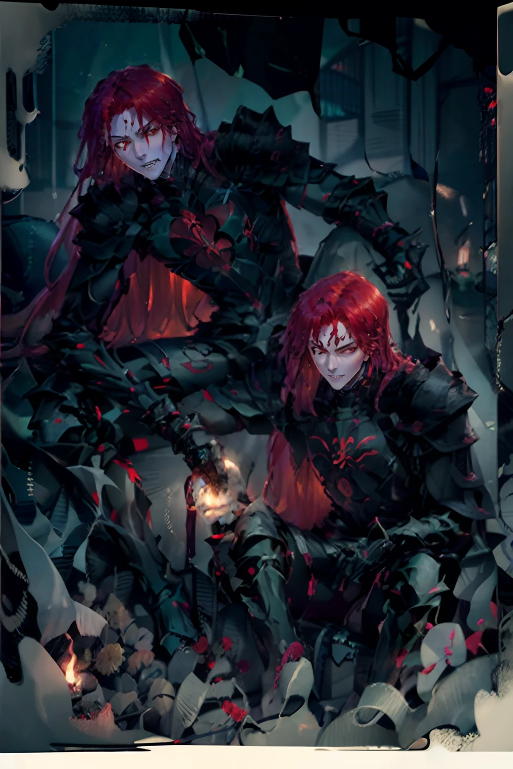 anime character with long red hair and red eyes standing in front of a red background, anime style like fate/stay night, asuka langley sohryu, fate/zero, gapmoe yandere grimdark, asuka langley souryuu, fate / stay night, fate zero, fate stay night, asuka langley soryu, mirai nikki, anime wallaper anime, red haired man with black wings and a black armor, male redhead templar, demon slayer rui fanart, handsome guy in demon slayer art, crimson red hair and red eyes, redhead king in heavy red armor, with red hair, portrait of a dnd character, rossdraws sakimimichan, male vampire of clan banu haqim, red haired god, Spiky Black armor, Handsome guy, Long red hair, full red hair, strong jaw, holding fire, sitting in a throne, sitting, wide jaw