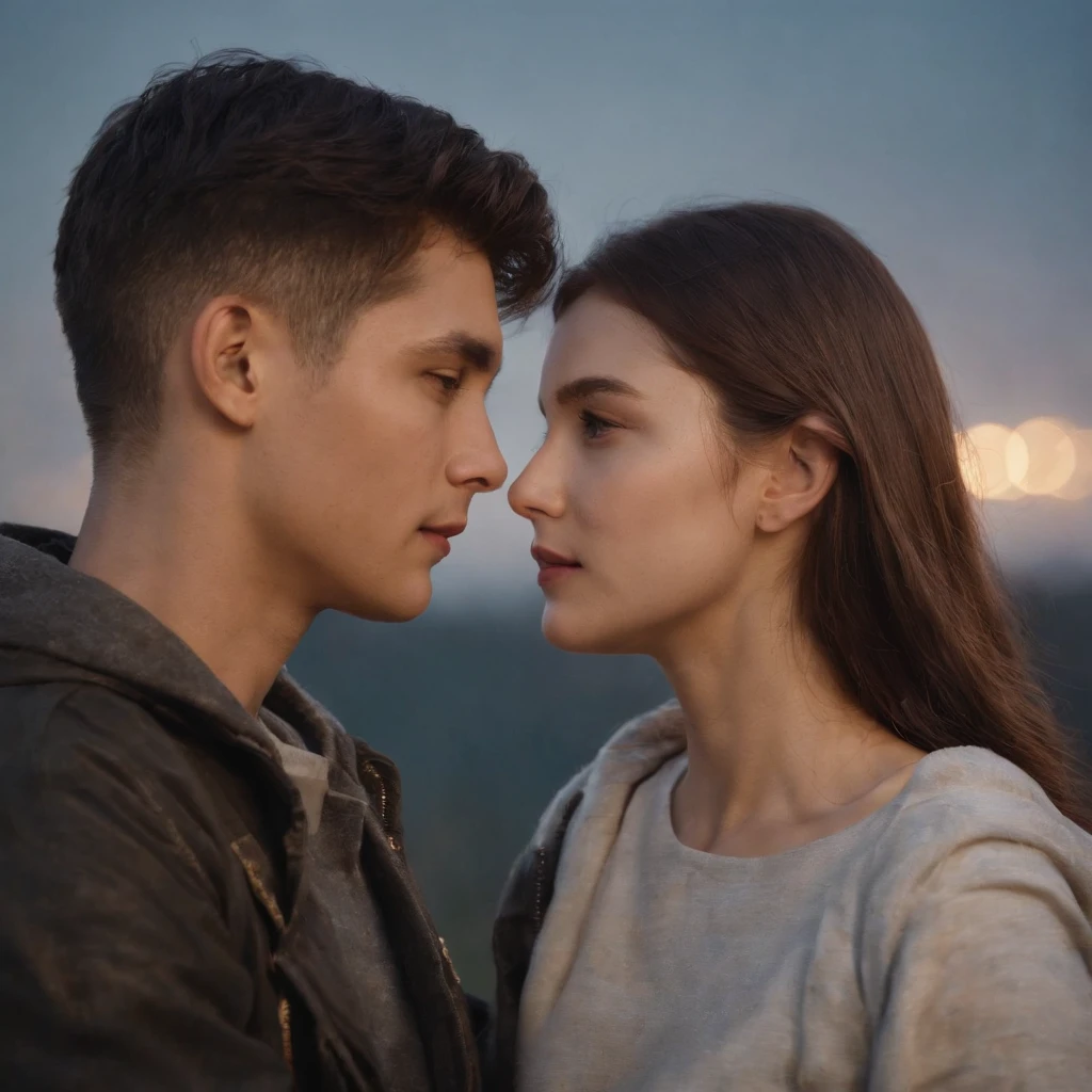 A couple。Girl with brown hair,Ball head,Casual sportswear。Boy silver hair,Black military uniform。The two stood and looked at each other,At the same time, he pointed to a glowing book。The background is a starry sky。