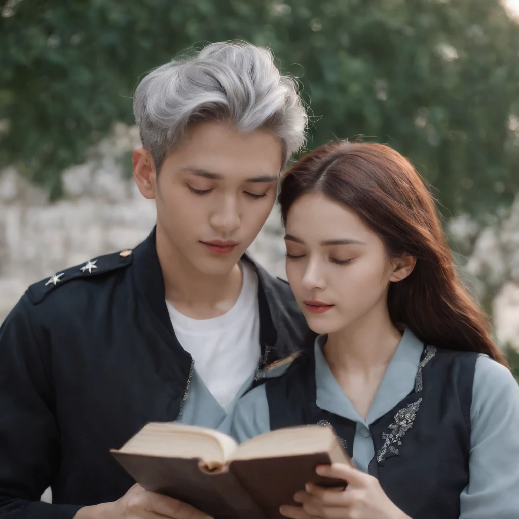 A couple。Girl with brown hair，Ball head，Casual sportswear。Boy silver hair，Black military uniform。The two stood and looked at each other，At the same time, he pointed to a glowing book。The background is a starry sky。