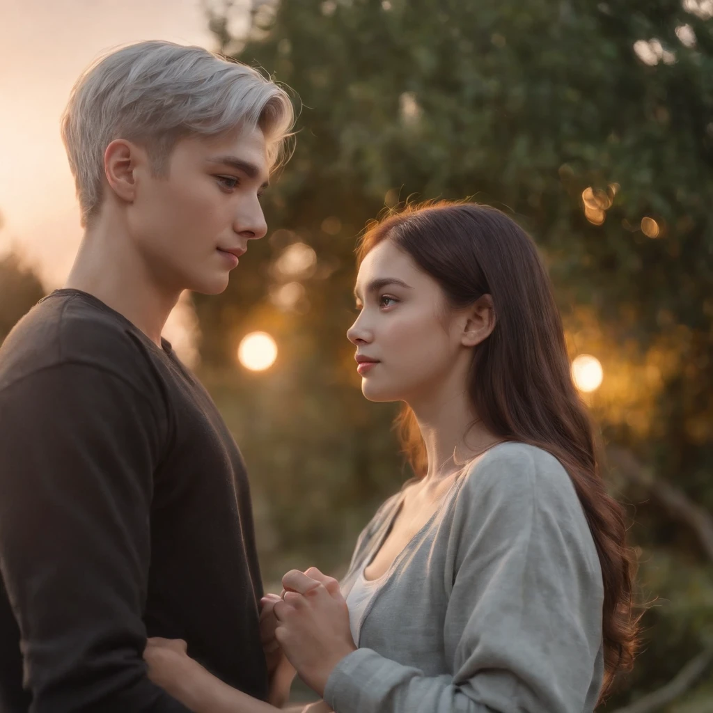 A couple。Girl with brown hair,Ball head,Casual sportswear。Boy silver hair,Black military uniform。The two stood and looked at each other,At the same time, he pointed to a glowing book。The background is a starry sky。