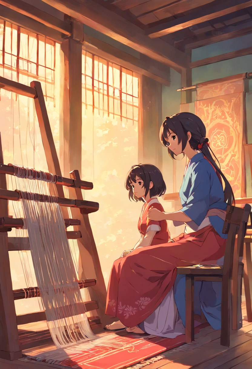 Mom sat alone in front of the loom, weaving colorful brocade，gentleness，colours，mother with big breasts，Detailed background，Small character area